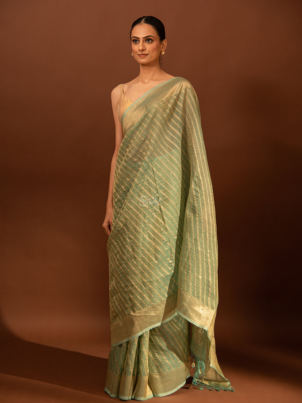 Aqua Blue Gold Stripe Crush Tissue Handloom Banarasi Saree - Sacred Weaves