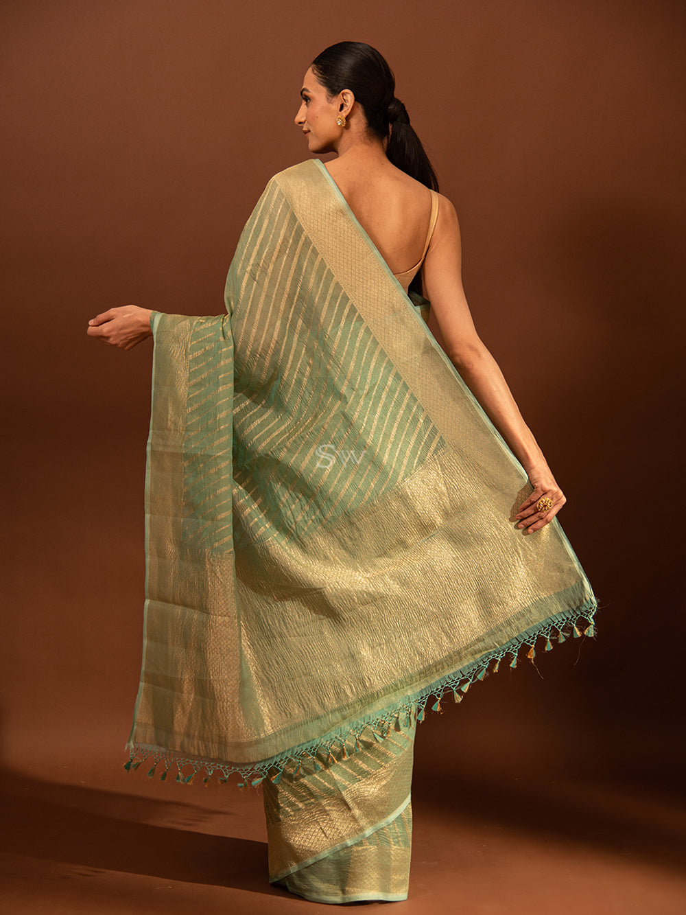 Aqua Blue Gold Stripe Crush Tissue Handloom Banarasi Saree - Sacred Weaves