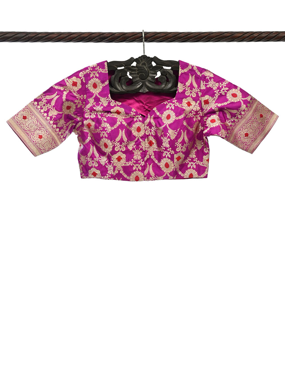 Dark Magenta Meenkari Upadda Silk Banarasi Ready-Made Blouse - Sacred Weaves