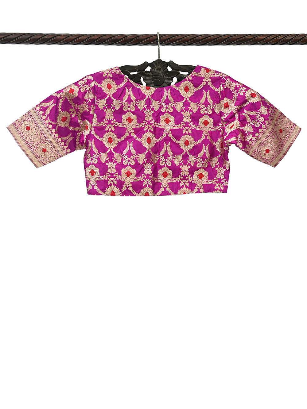 Dark Magenta Meenkari Upadda Silk Banarasi Ready-Made Blouse - Sacred Weaves