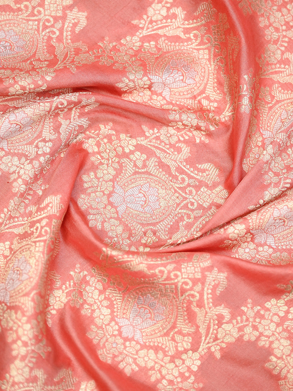 Coral Pink Jaal Uppada Katan Silk Handloom Banarasi Saree