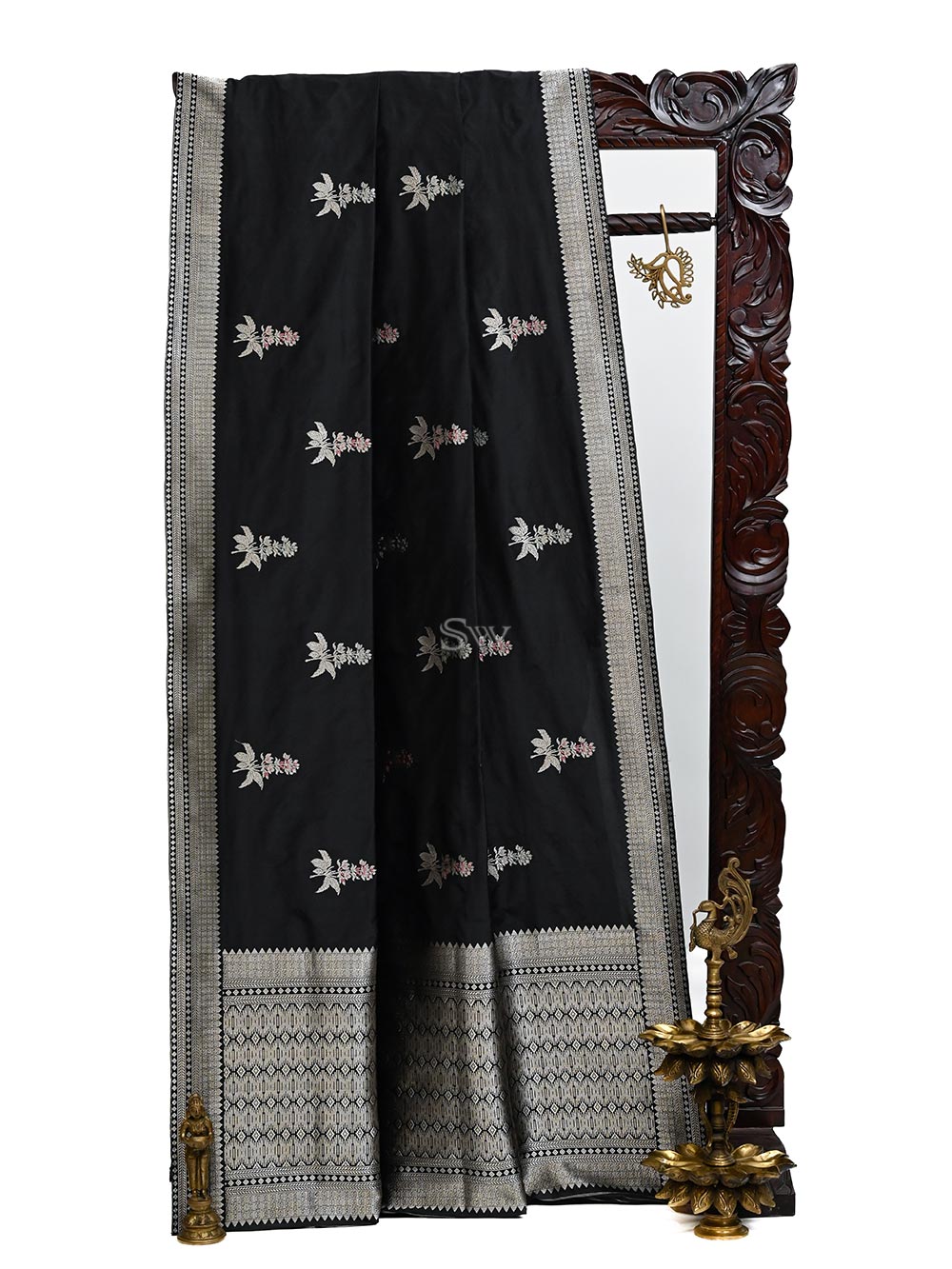 Black Meenakari Boota Katan Silk Handloom Banarasi Saree - Sacred Weaves