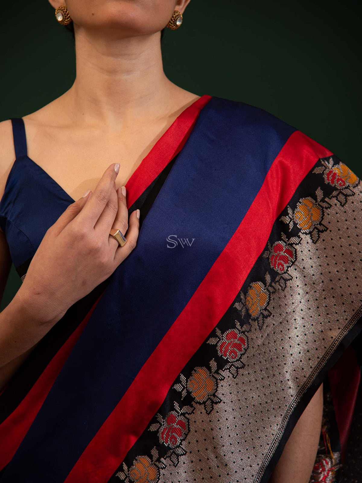 Red Black Stripe Satin Silk Handloom Banarasi Saree - Sacred Weaves