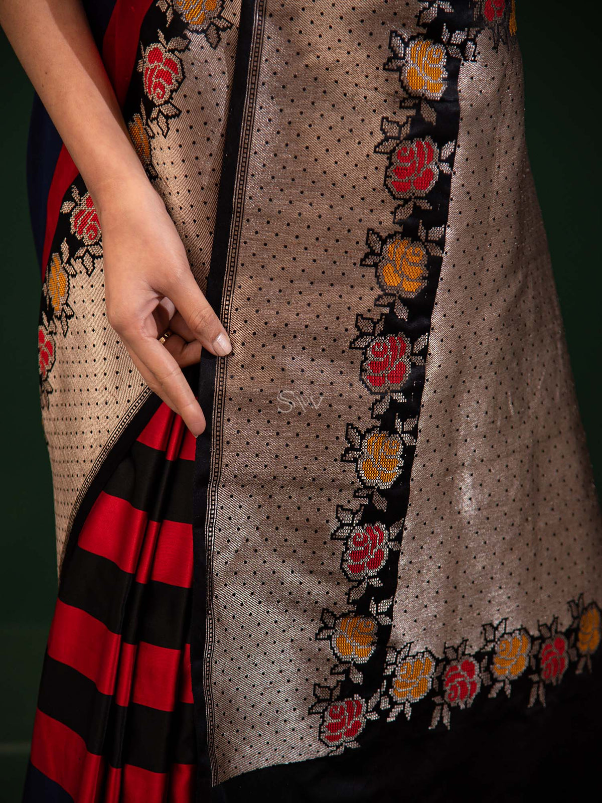 Red Black Stripe Satin Silk Handloom Banarasi Saree - Sacred Weaves