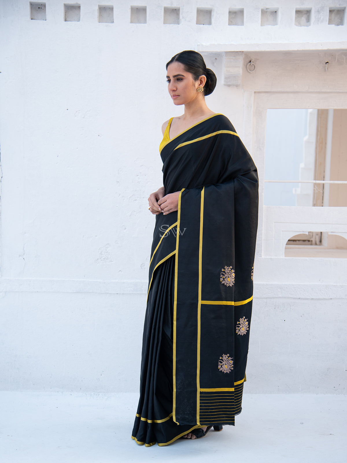 Black Meenakari Boota Satin Silk Handloom Banarasi Saree - Sacred Weaves