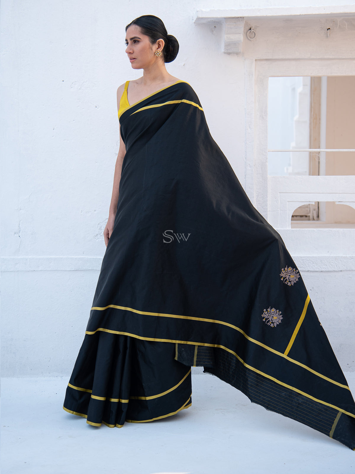 Black Meenakari Boota Satin Silk Handloom Banarasi Saree - Sacred Weaves