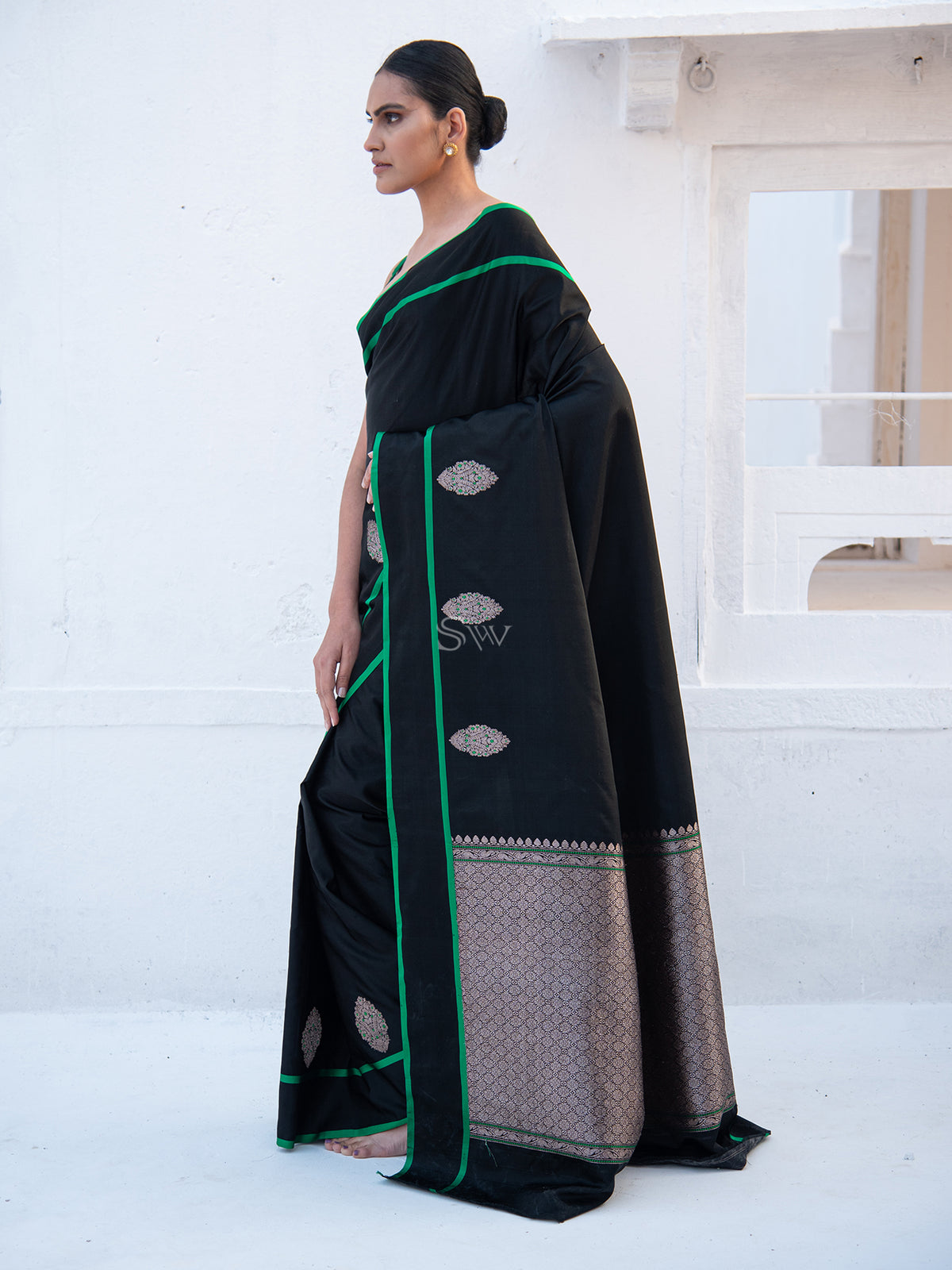 Black Meenakari Boota Satin Silk Handloom Banarasi Saree - Sacred Weaves