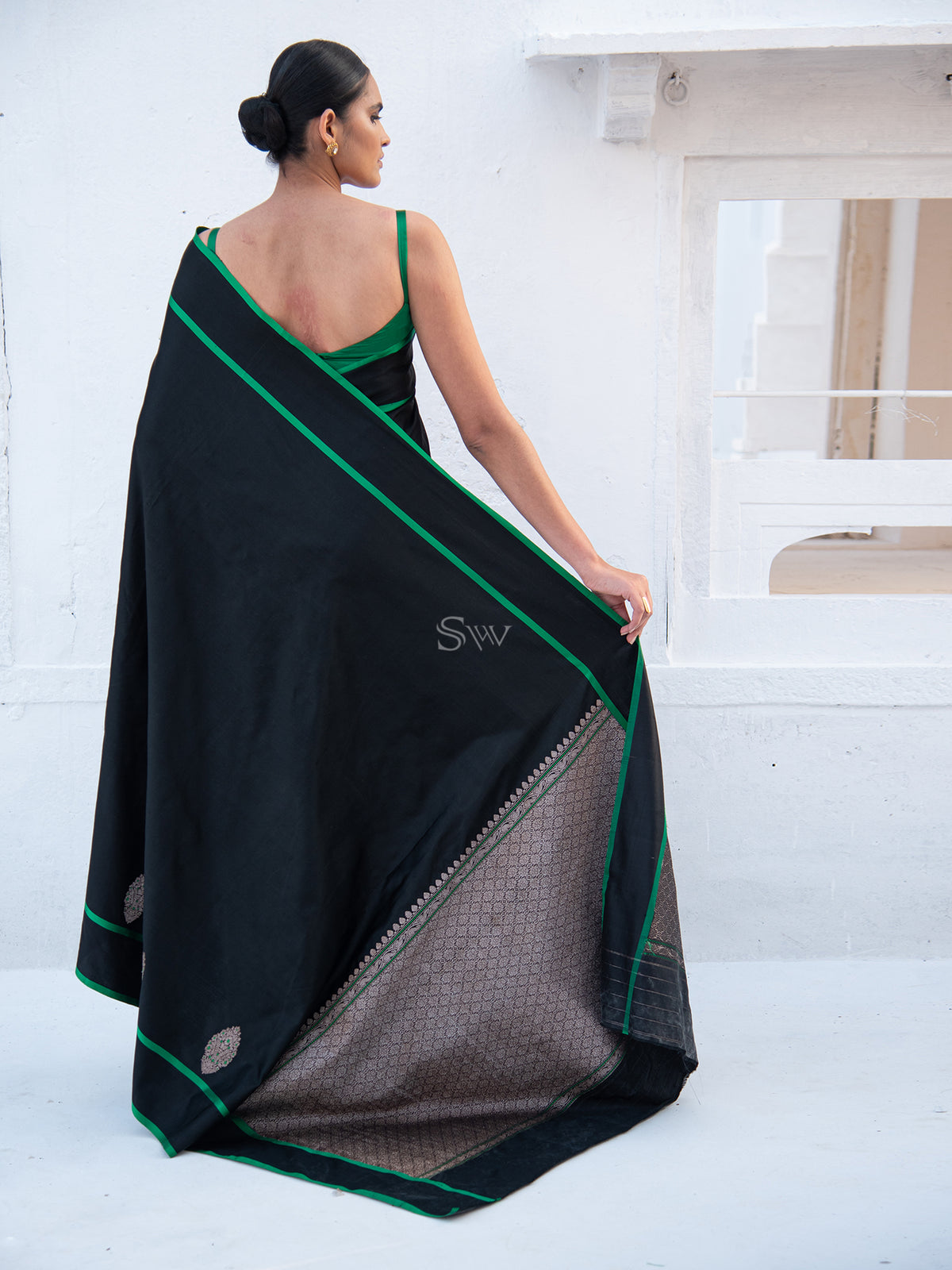 Black Meenakari Boota Satin Silk Handloom Banarasi Saree - Sacred Weaves