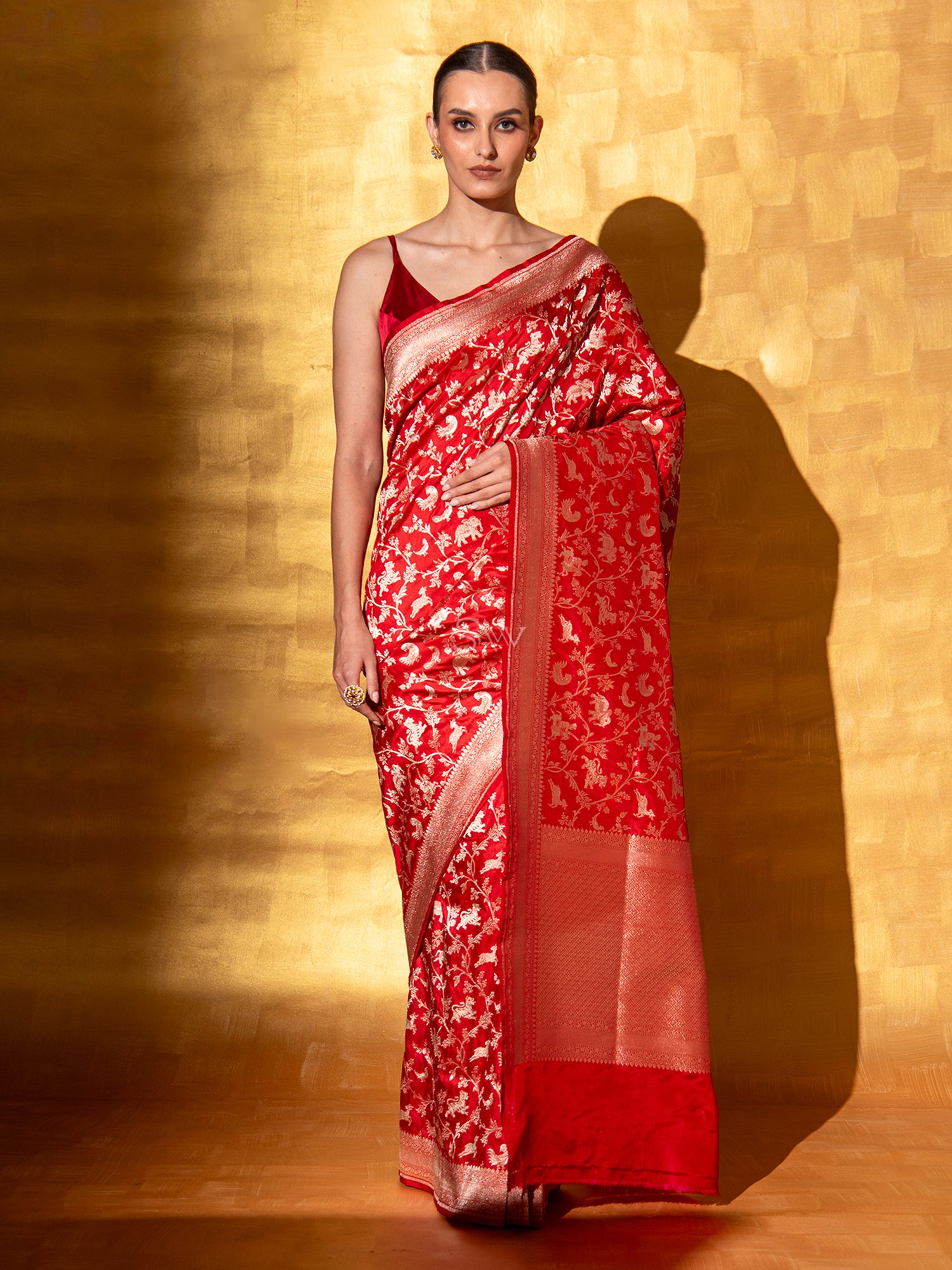 Red Shikargah Katan Silk Handloom Banarasi Saree - Sacred Weaves