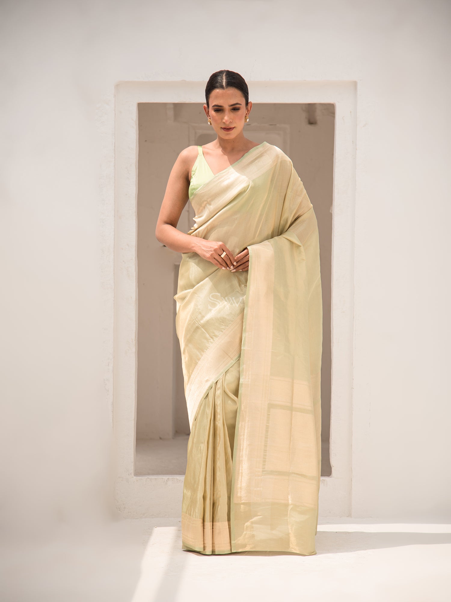 Pista Green Tissue Katan Silk Handloom Banarasi Saree - Sacred Weaves