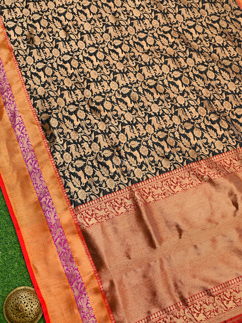 Black Shikargah Katan Silk Handloom Banarasi Saree - Sacred Weaves