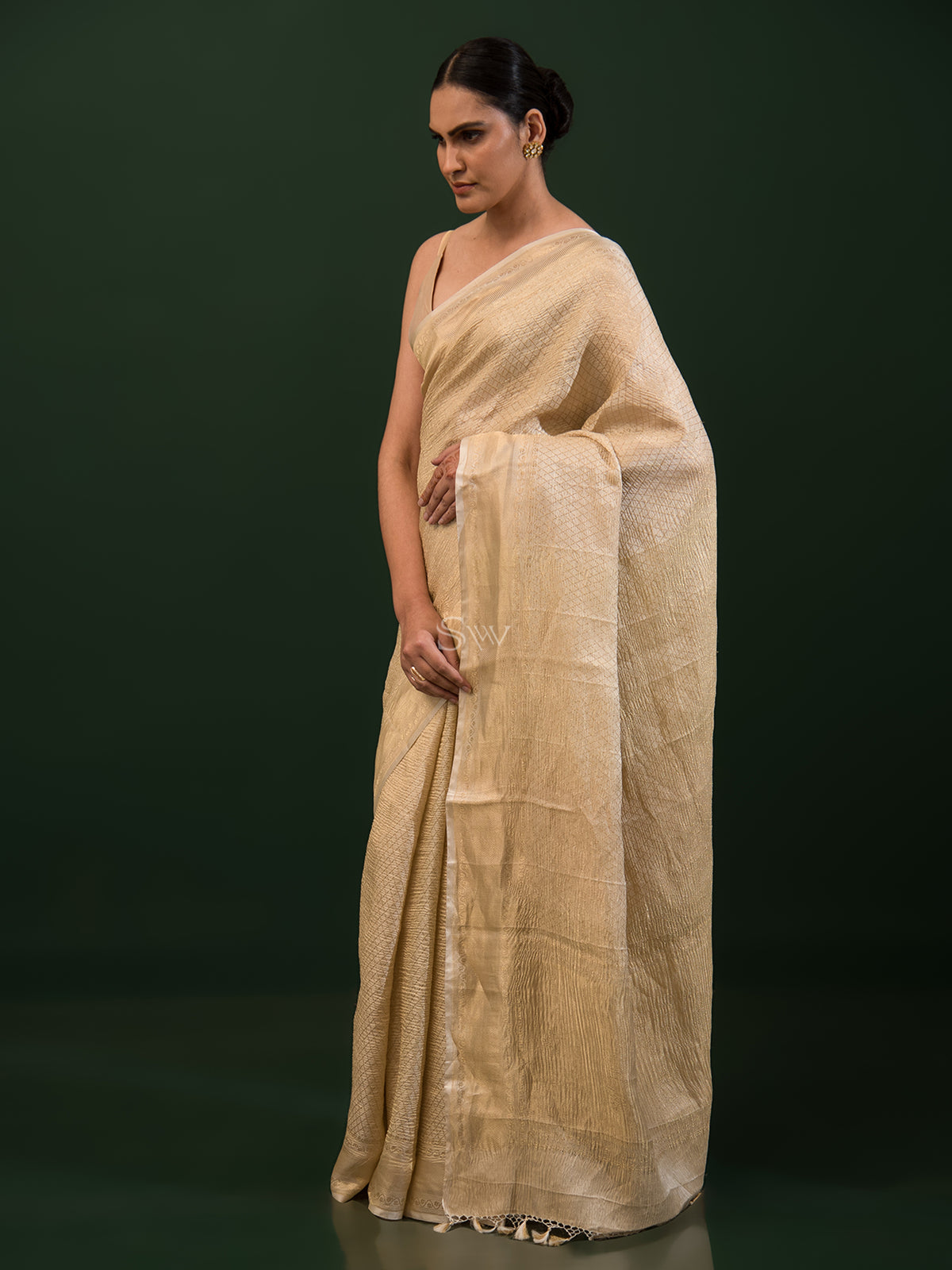 Off White Jaal Crush Tissue Handloom Banarasi Saree - Sacred Weaves