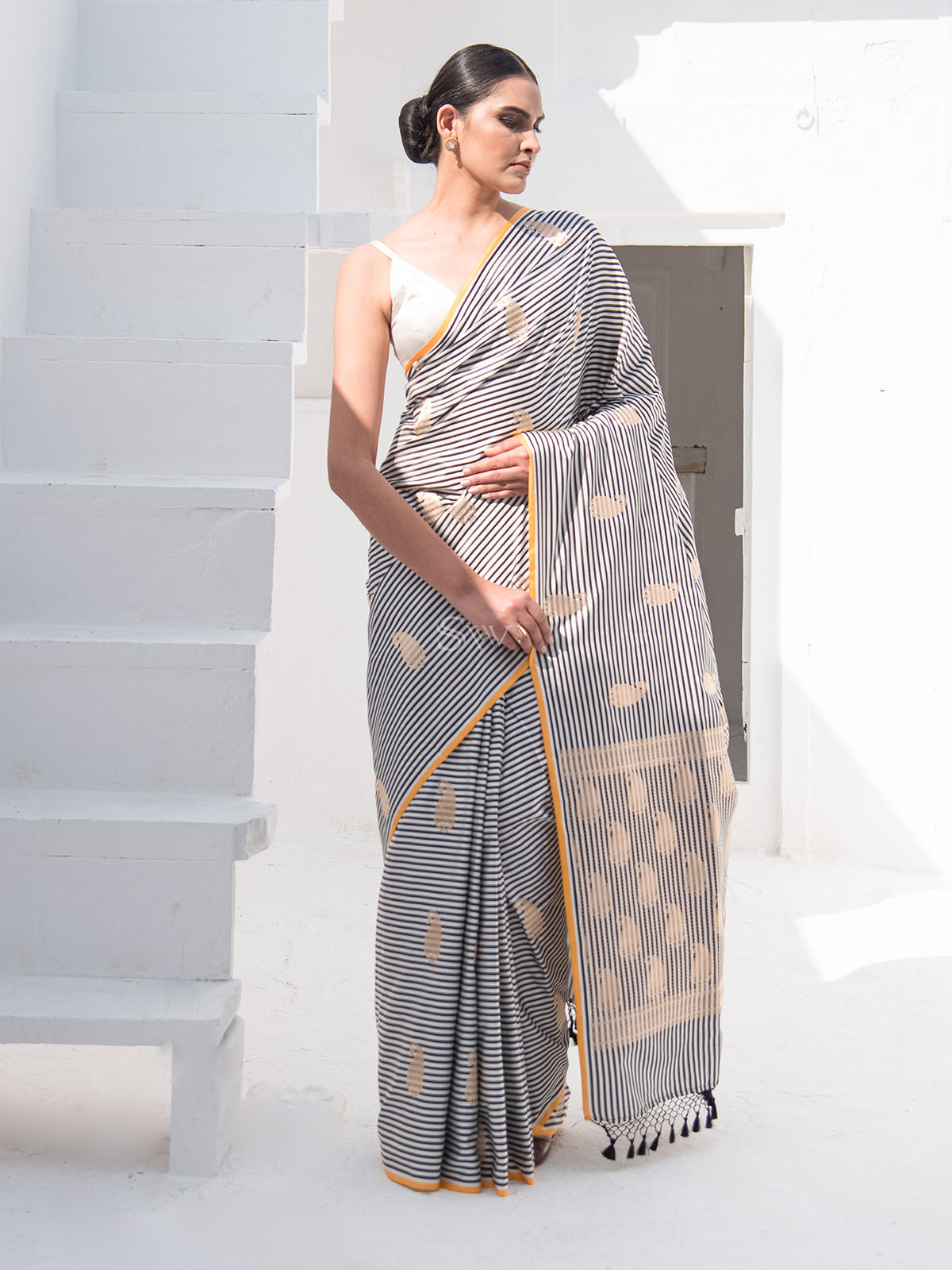 Black White Stripe Satin Silk Handloom Banarasi Saree - Sacred Weaves