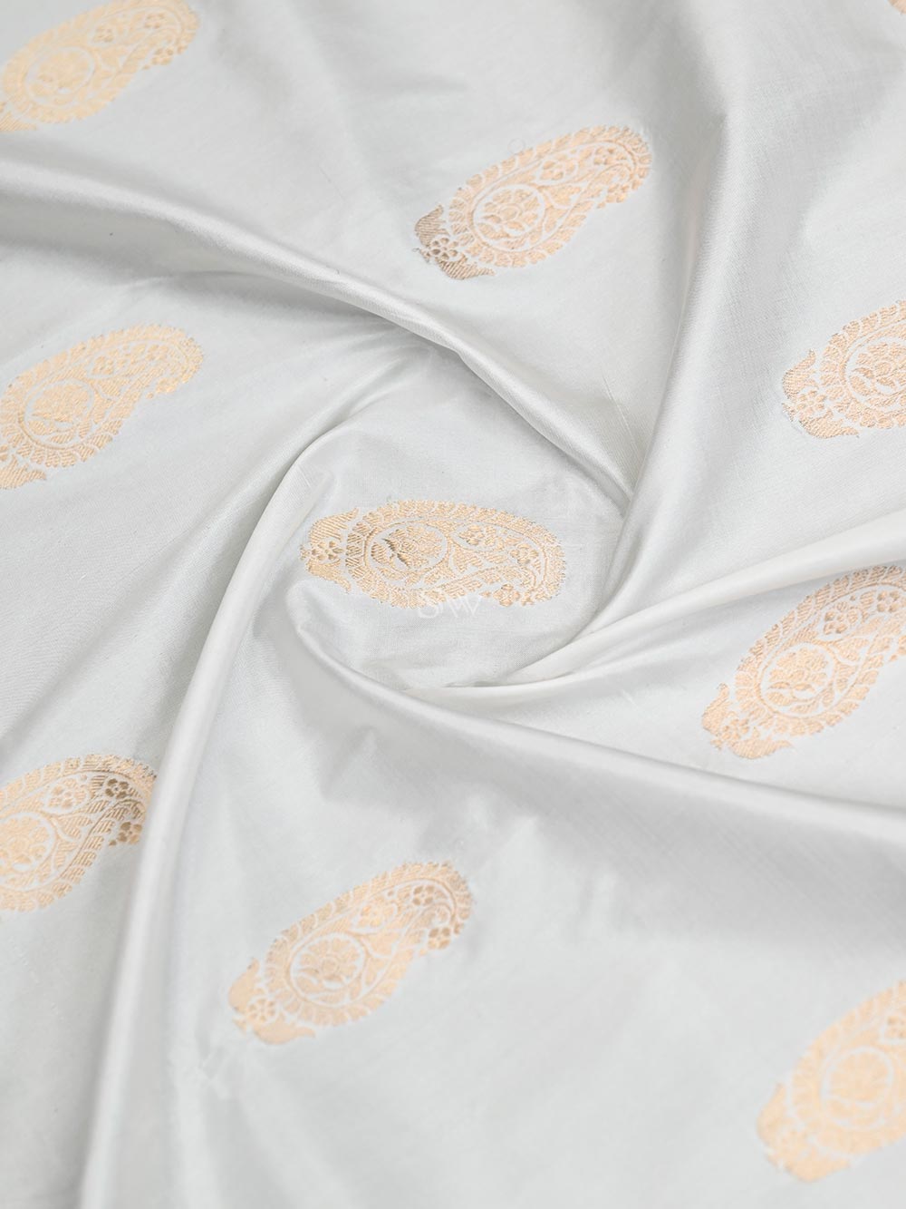 White Boota Katan Silk Handloom Banarasi Saree - Sacred Weaves