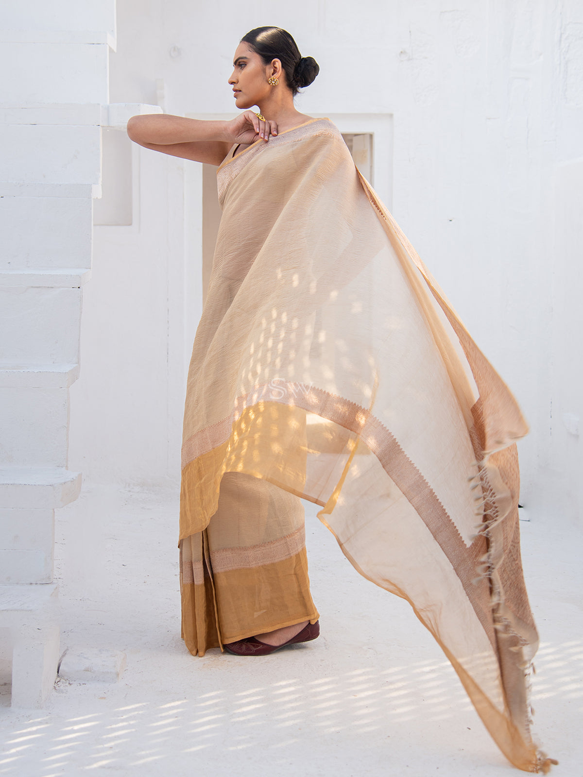 Beige Crush Tissue Handloom Banarasi Saree - Sacred Weaves