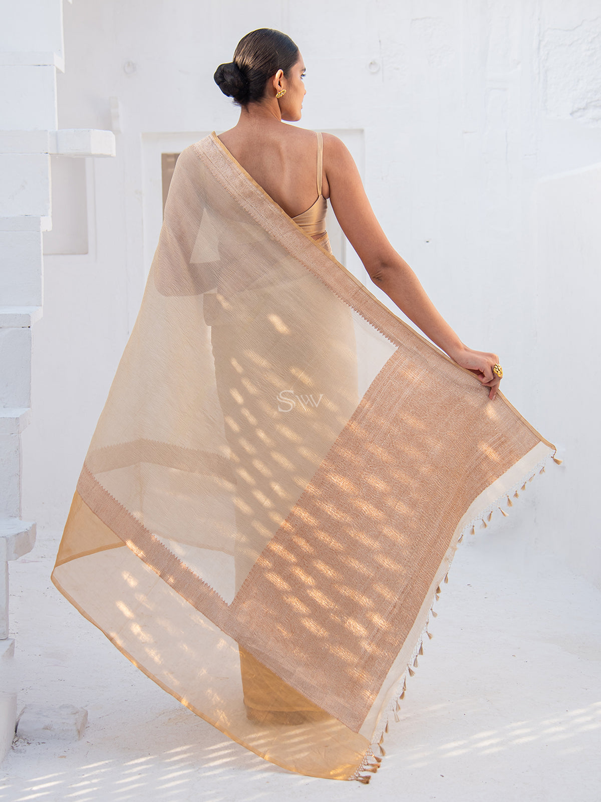 Beige Crush Tissue Handloom Banarasi Saree - Sacred Weaves