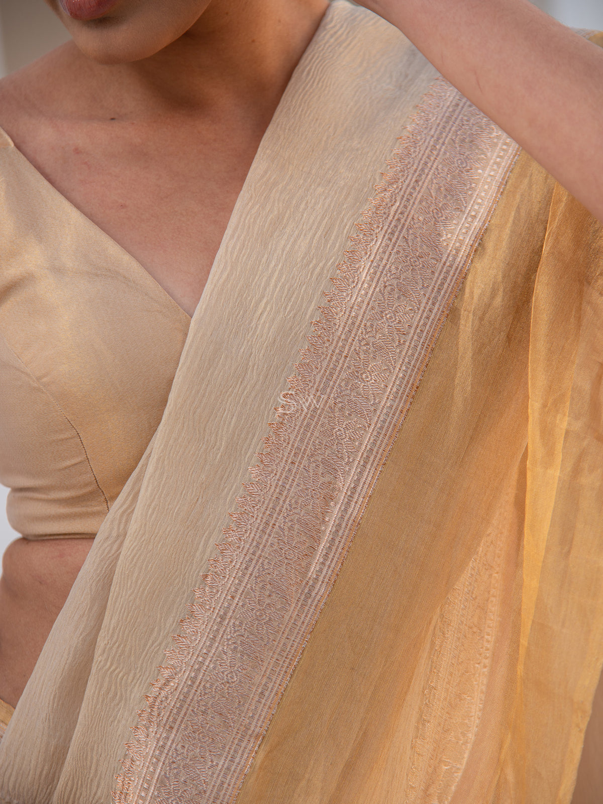 Beige Crush Tissue Handloom Banarasi Saree - Sacred Weaves
