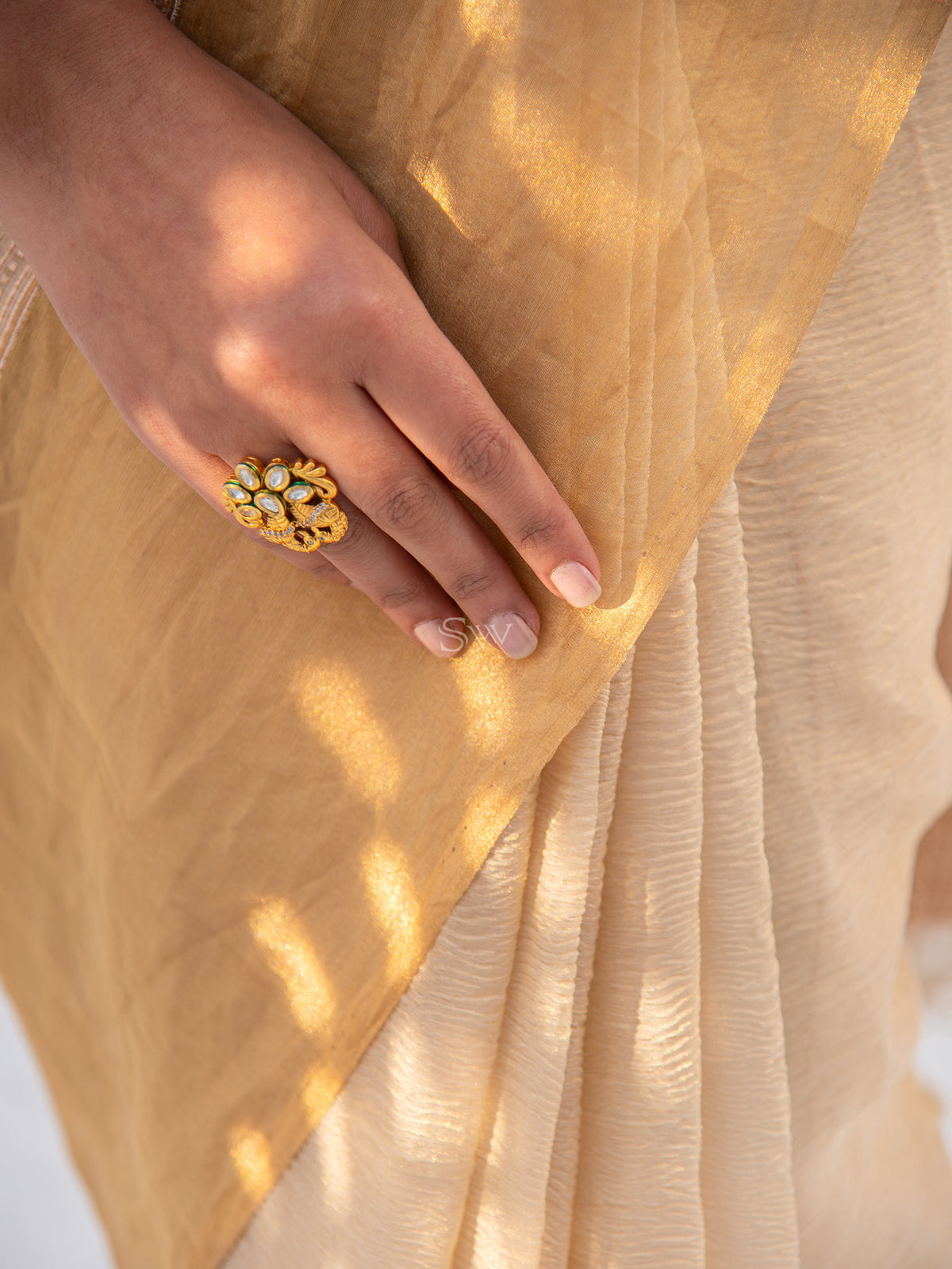 Beige Crush Tissue Handloom Banarasi Saree - Sacred Weaves
