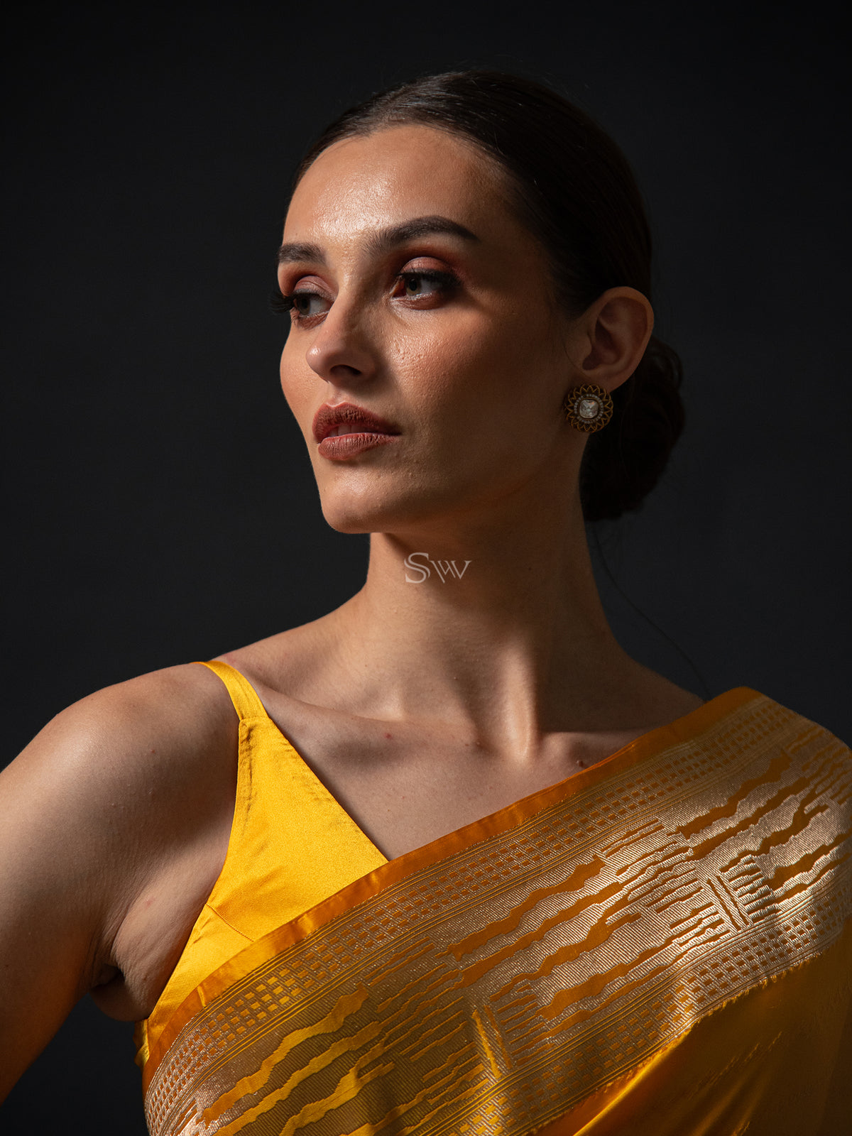 Mustard Stripe Satin Tanchoi Handloom Banarasi Saree - Sacred Weaves