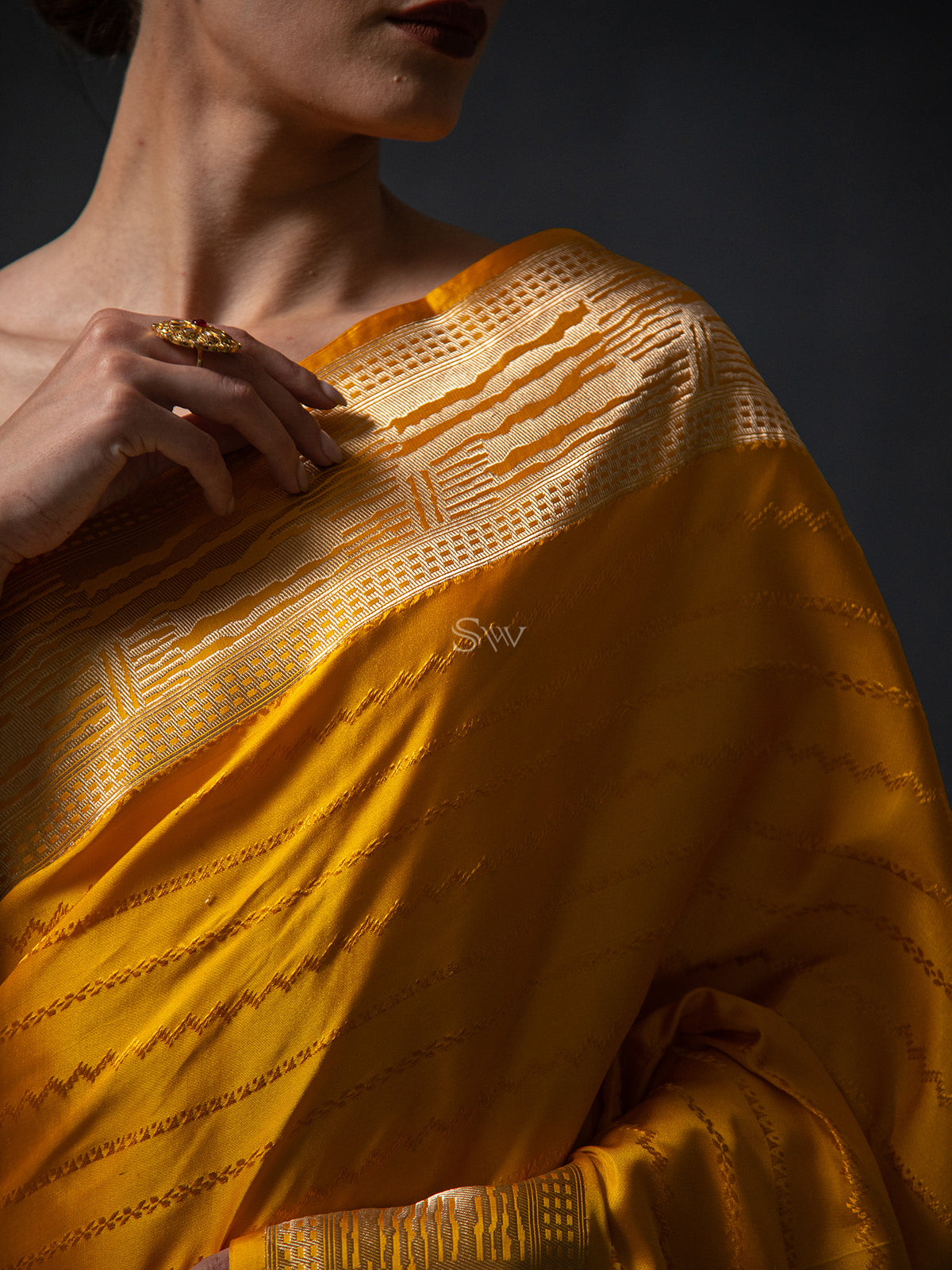 Mustard Stripe Satin Tanchoi Handloom Banarasi Saree - Sacred Weaves