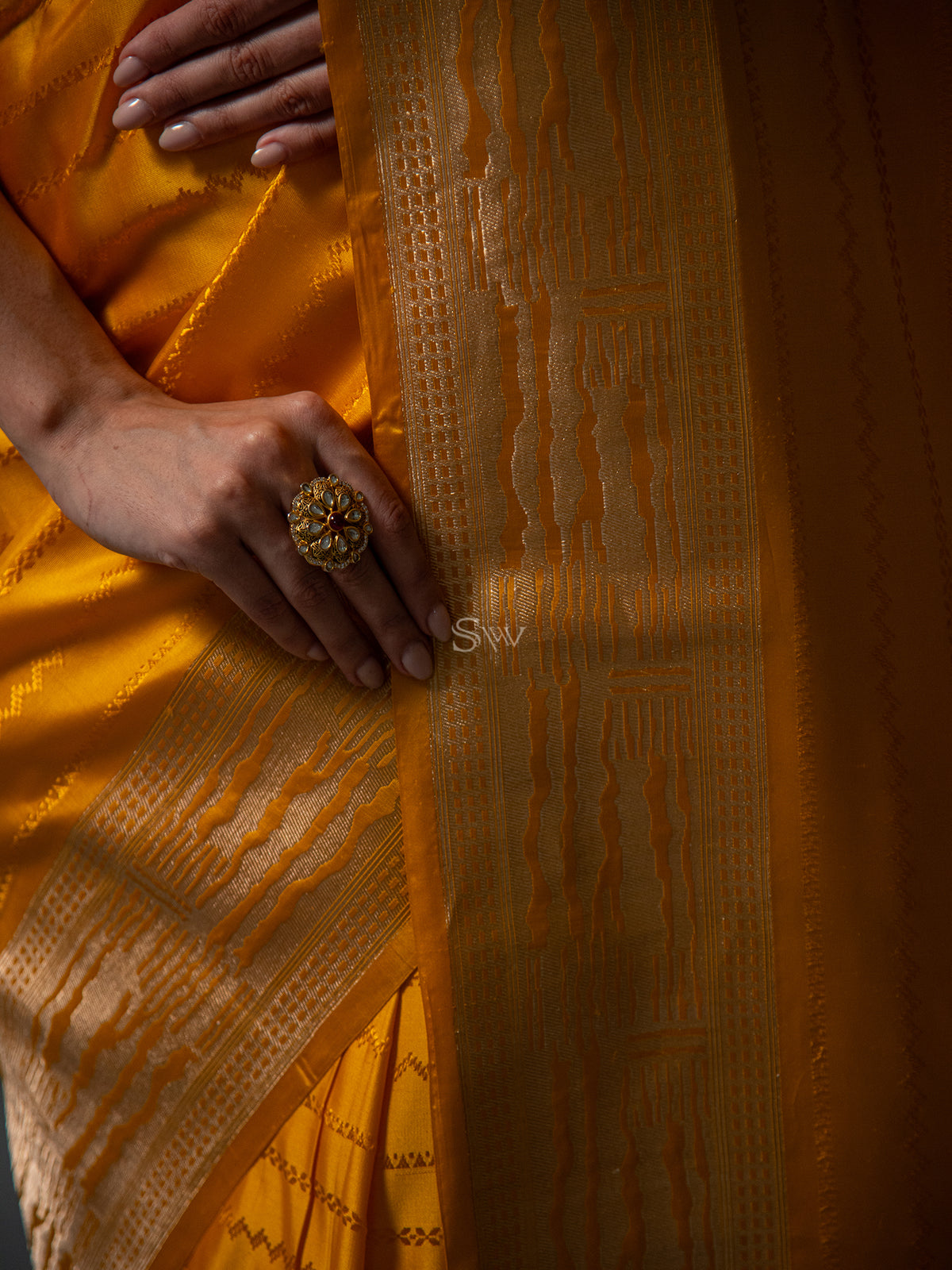 Mustard Stripe Satin Tanchoi Handloom Banarasi Saree - Sacred Weaves
