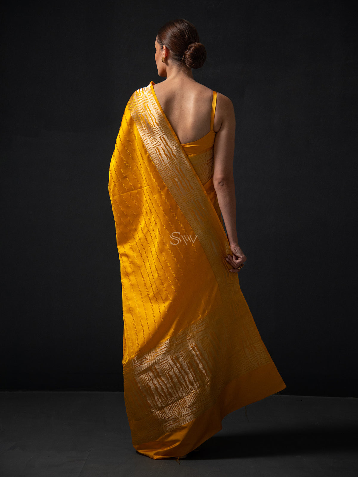Mustard Stripe Satin Tanchoi Handloom Banarasi Saree - Sacred Weaves