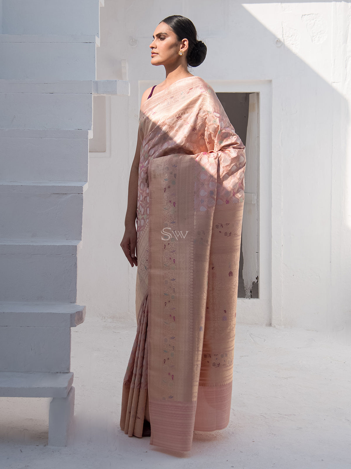 Pastel Pink Meenakari Katan Silk Handloom Banarasi Saree - Sacred Weaves