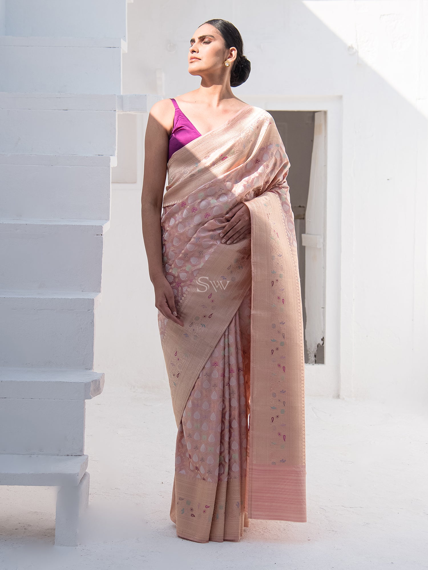 Pastel Pink Meenakari Katan Silk Handloom Banarasi Saree - Sacred Weaves