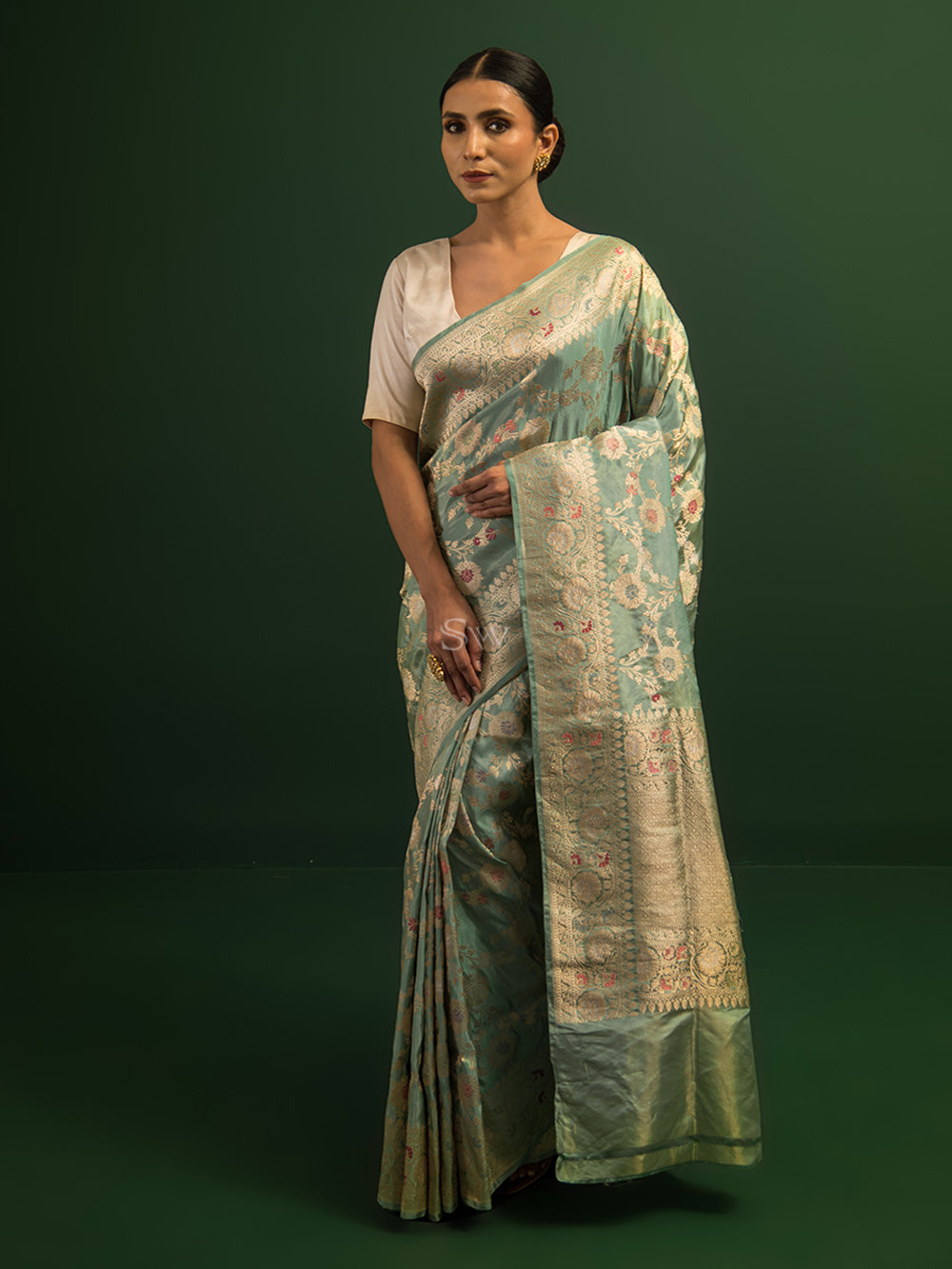 Mint Green Meenakari Katan Tissue Silk Handloom Banarasi Saree