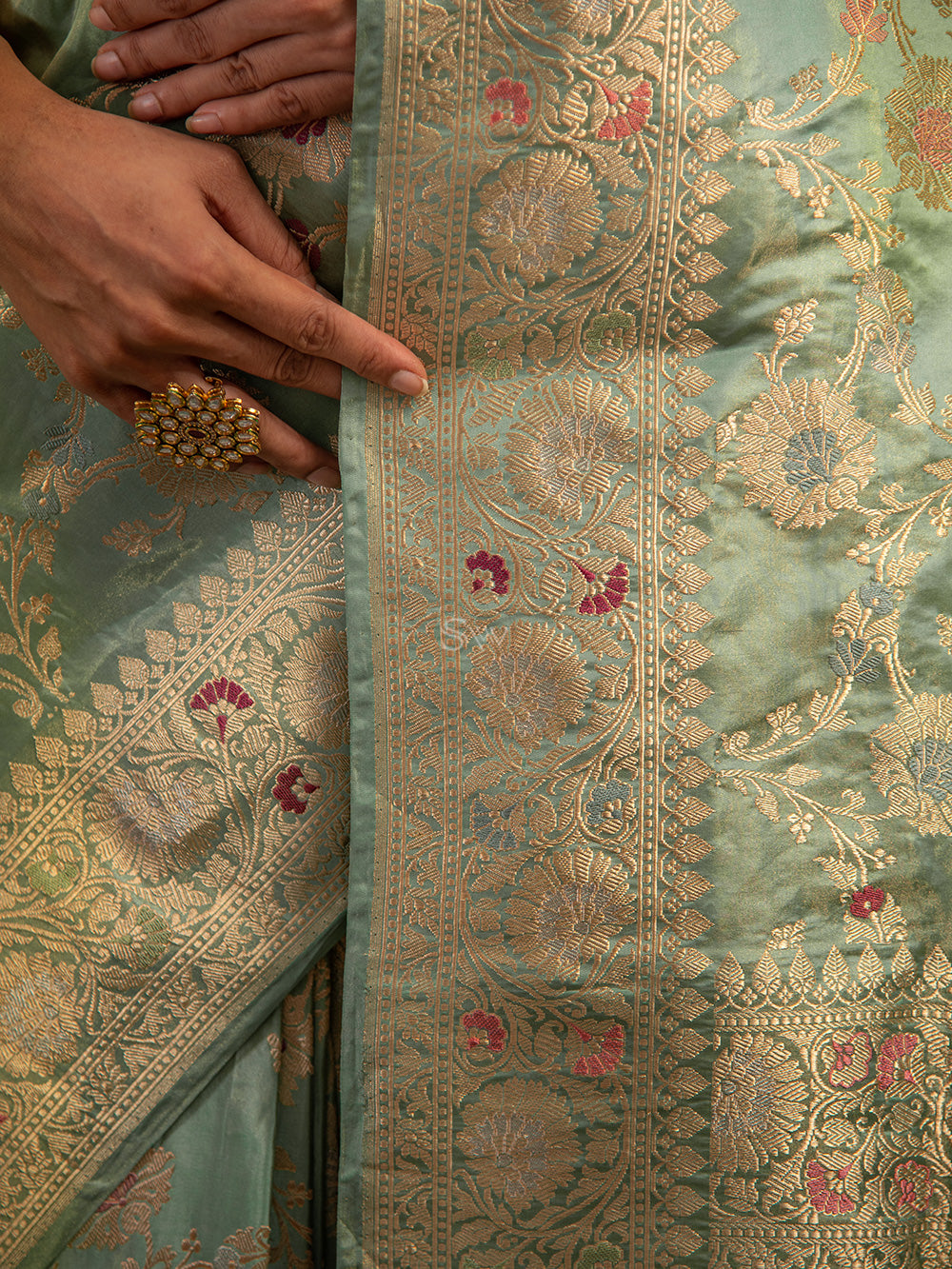 Mint Green Meenakari Katan Tissue Silk Handloom Banarasi Saree