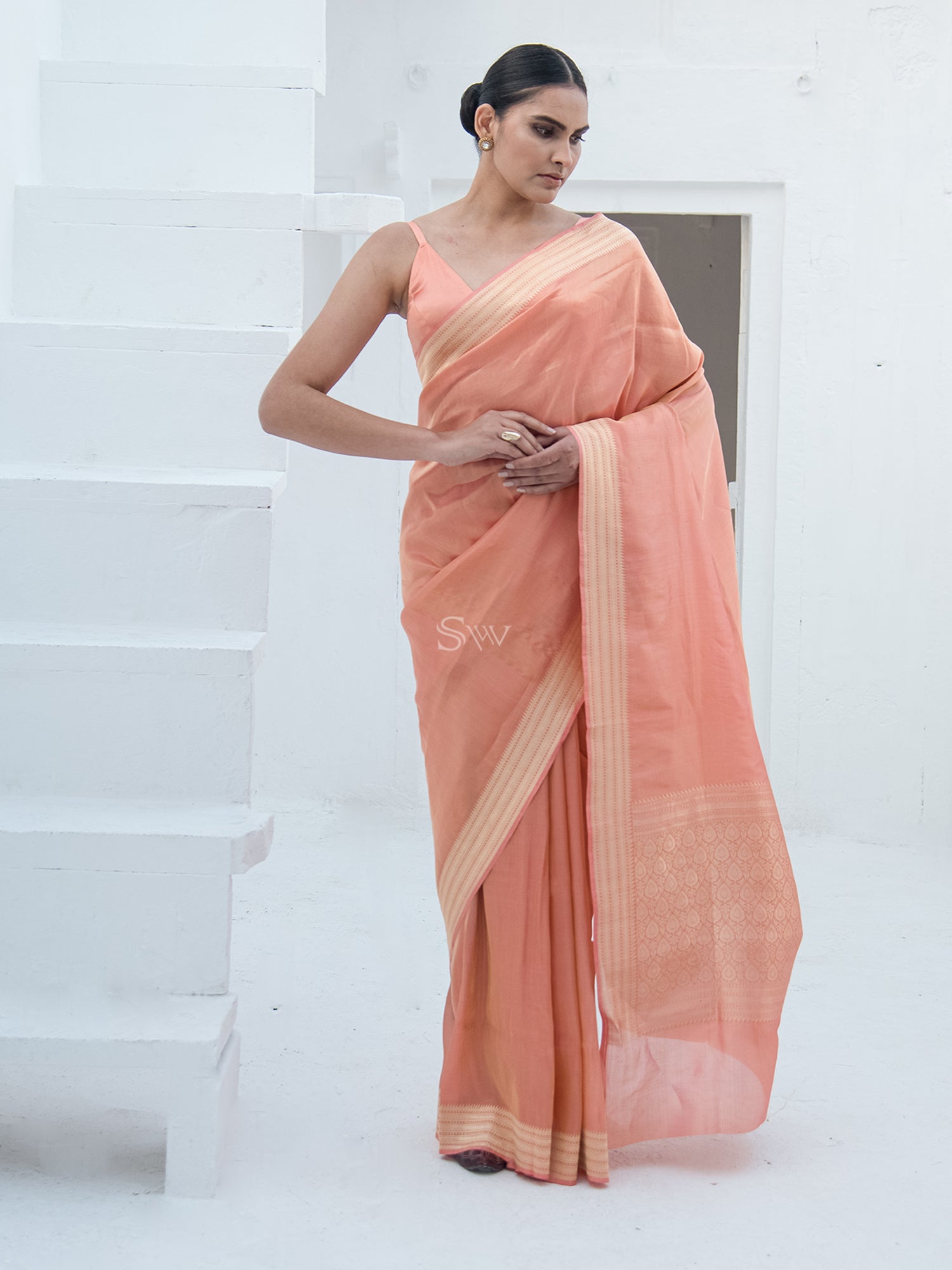 Peach Katan Silk Tissue Handloom Banarasi Saree - Sacred Weaves