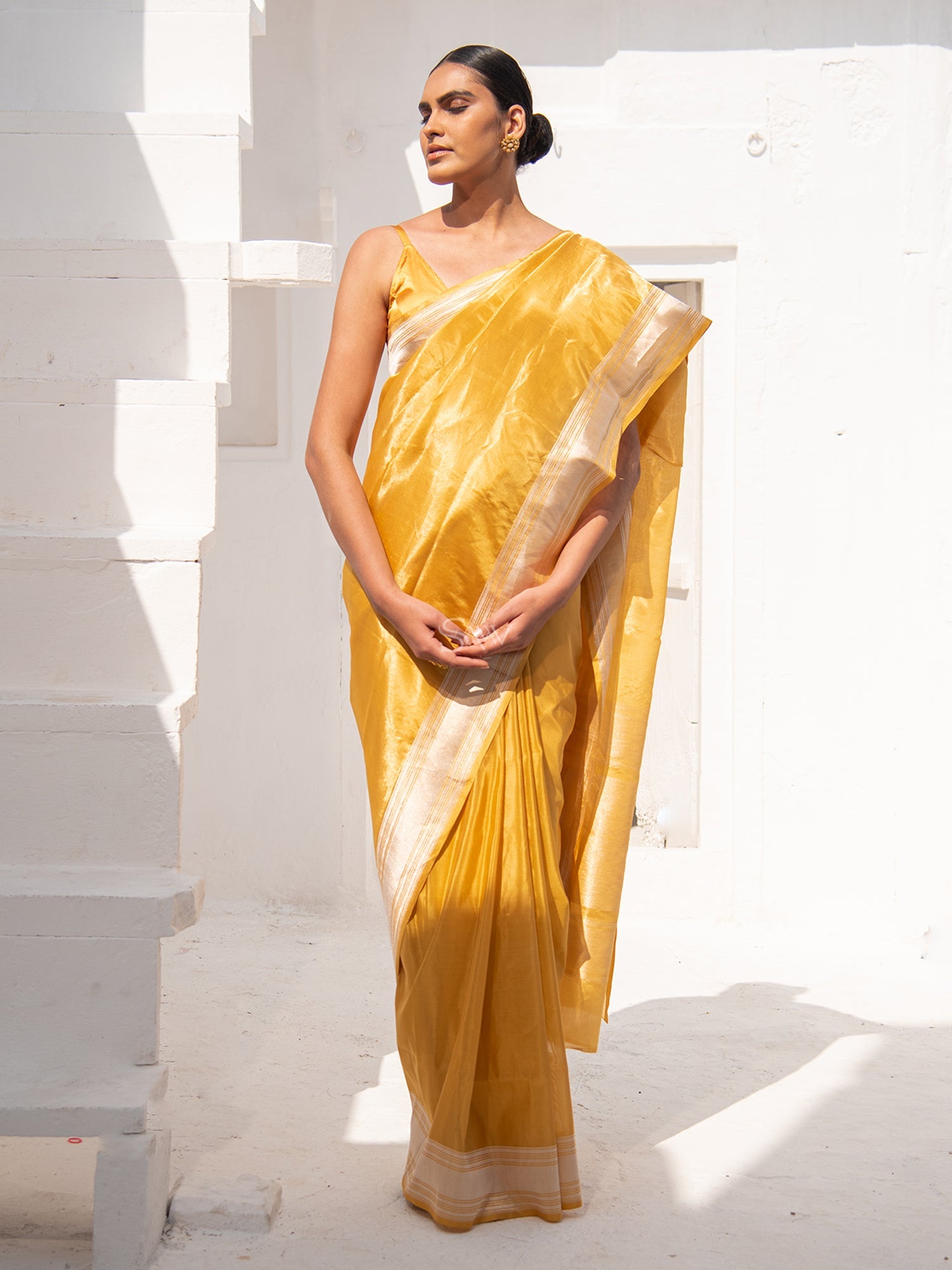 Mustard Katan Silk Tissue Handloom Banarasi Saree - Sacred Weaves