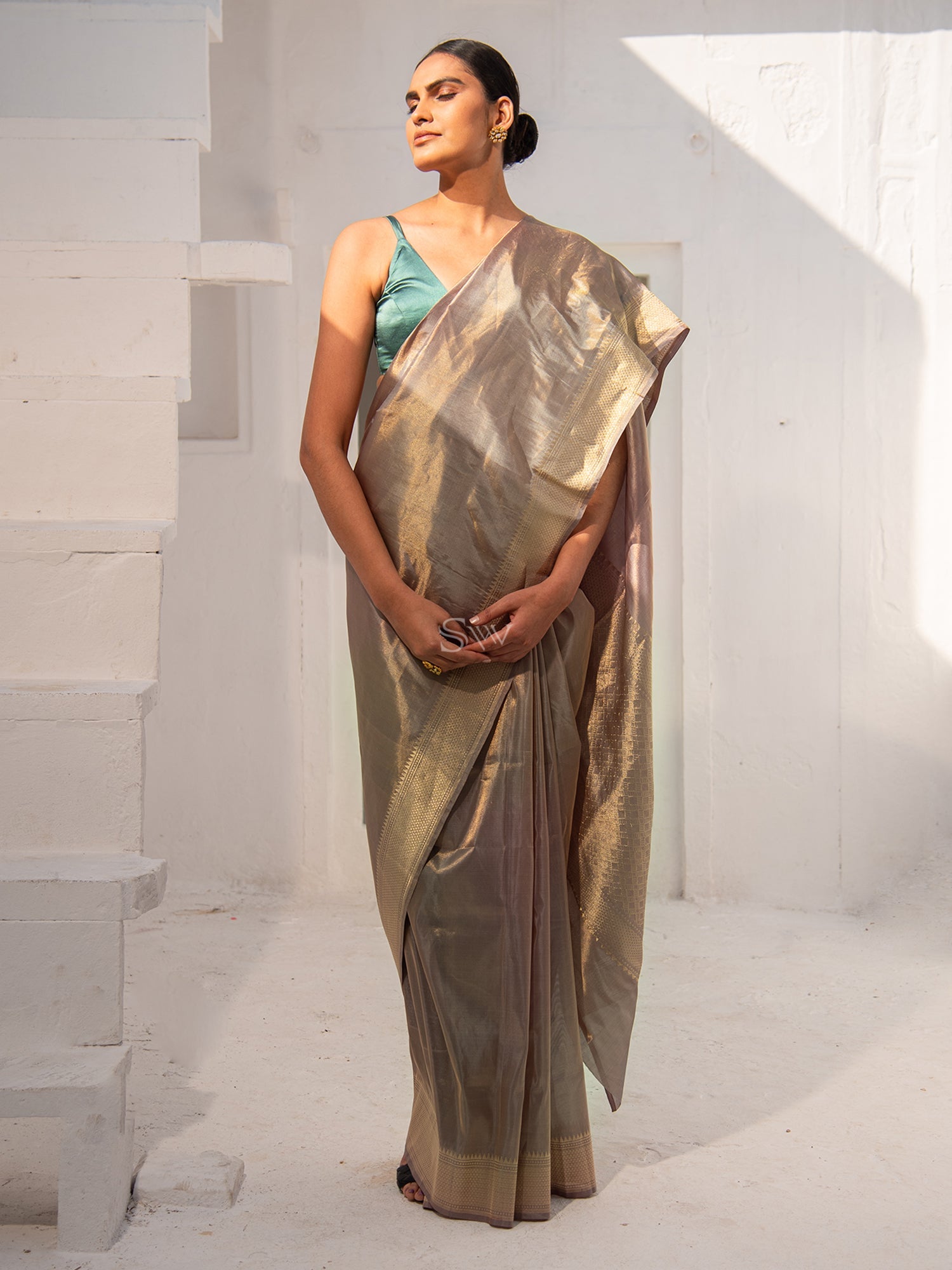 Grey Tissue Katan Silk Handloom Banarasi Saree - Sacred Weaves