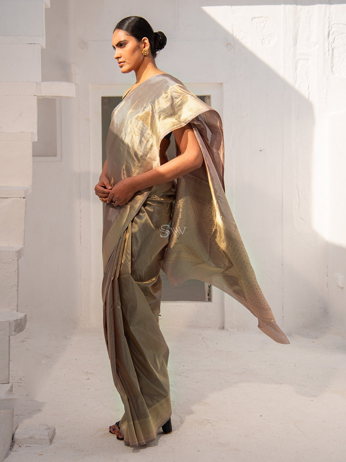 Grey Tissue Katan Silk Handloom Banarasi Saree - Sacred Weaves