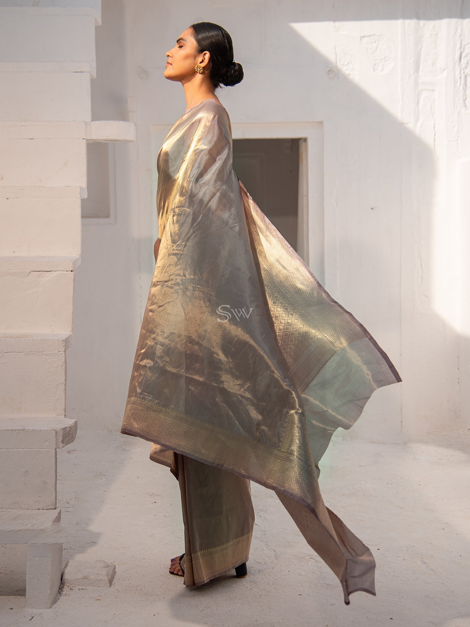 Grey Tissue Katan Silk Handloom Banarasi Saree - Sacred Weaves