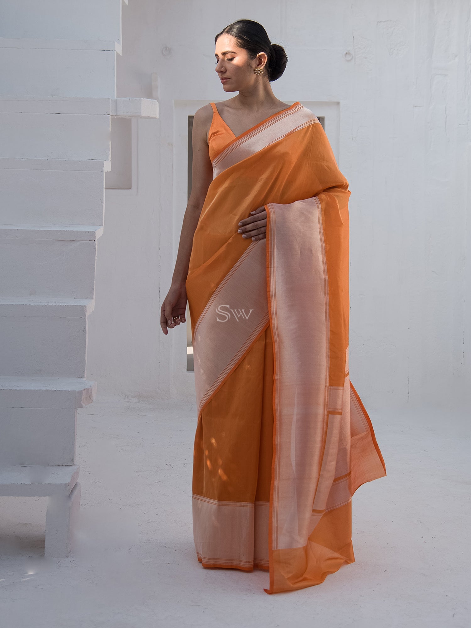 Orange Katan Silk Tissue Handloom Banarasi Saree - Sacred Weaves