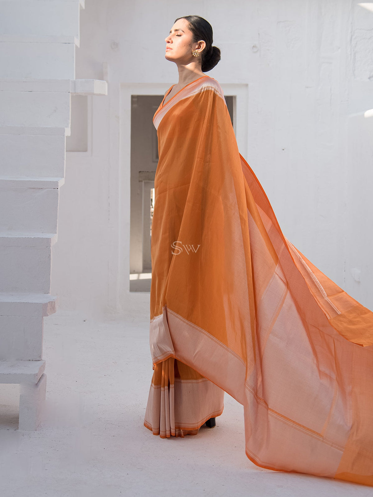 Orange Katan Silk Tissue Handloom Banarasi Saree - Sacred Weaves