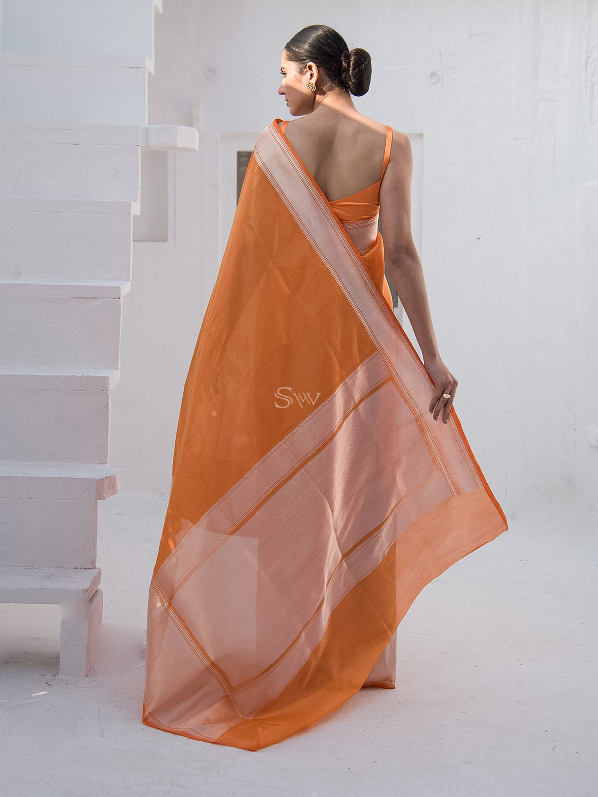 Orange Katan Silk Tissue Handloom Banarasi Saree - Sacred Weaves