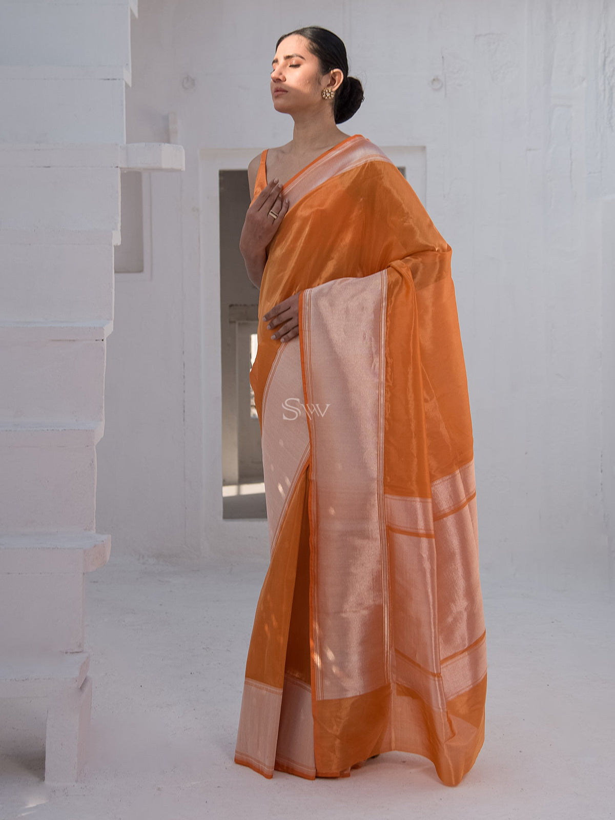 Orange Katan Silk Tissue Handloom Banarasi Saree - Sacred Weaves