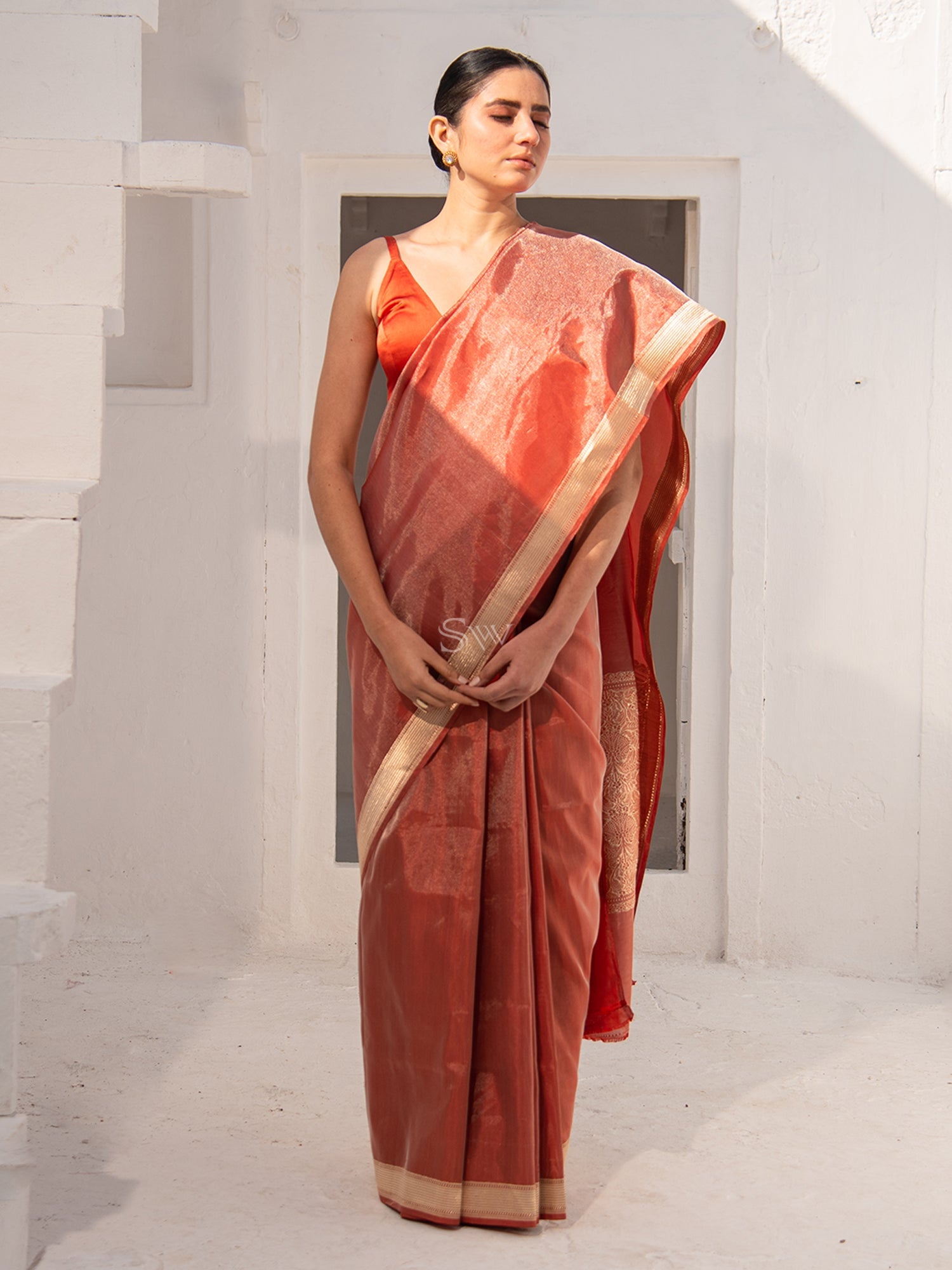 Maroon Katan Silk Tissue Handloom Banarasi Saree - Sacred Weaves
