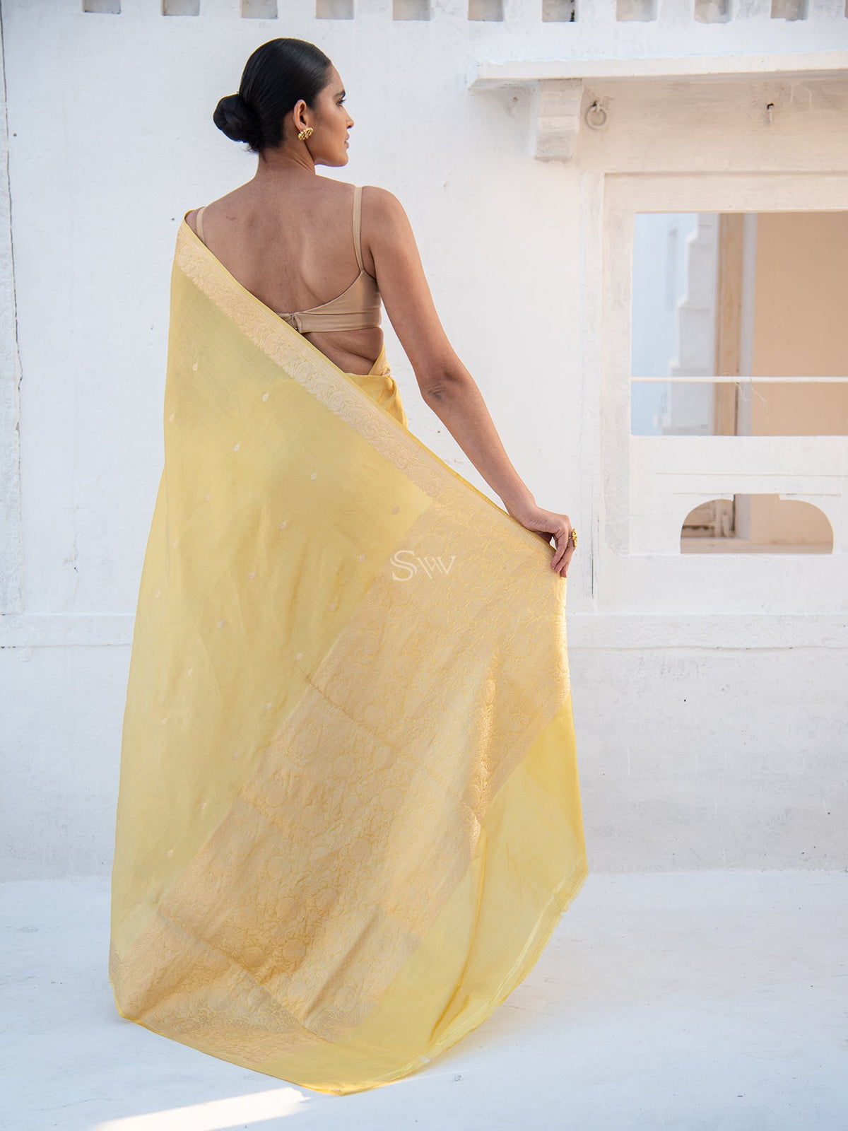 Lime Yellow Booti Tissue Katan Silk Handloom Banarasi Saree - Sacred Weaves