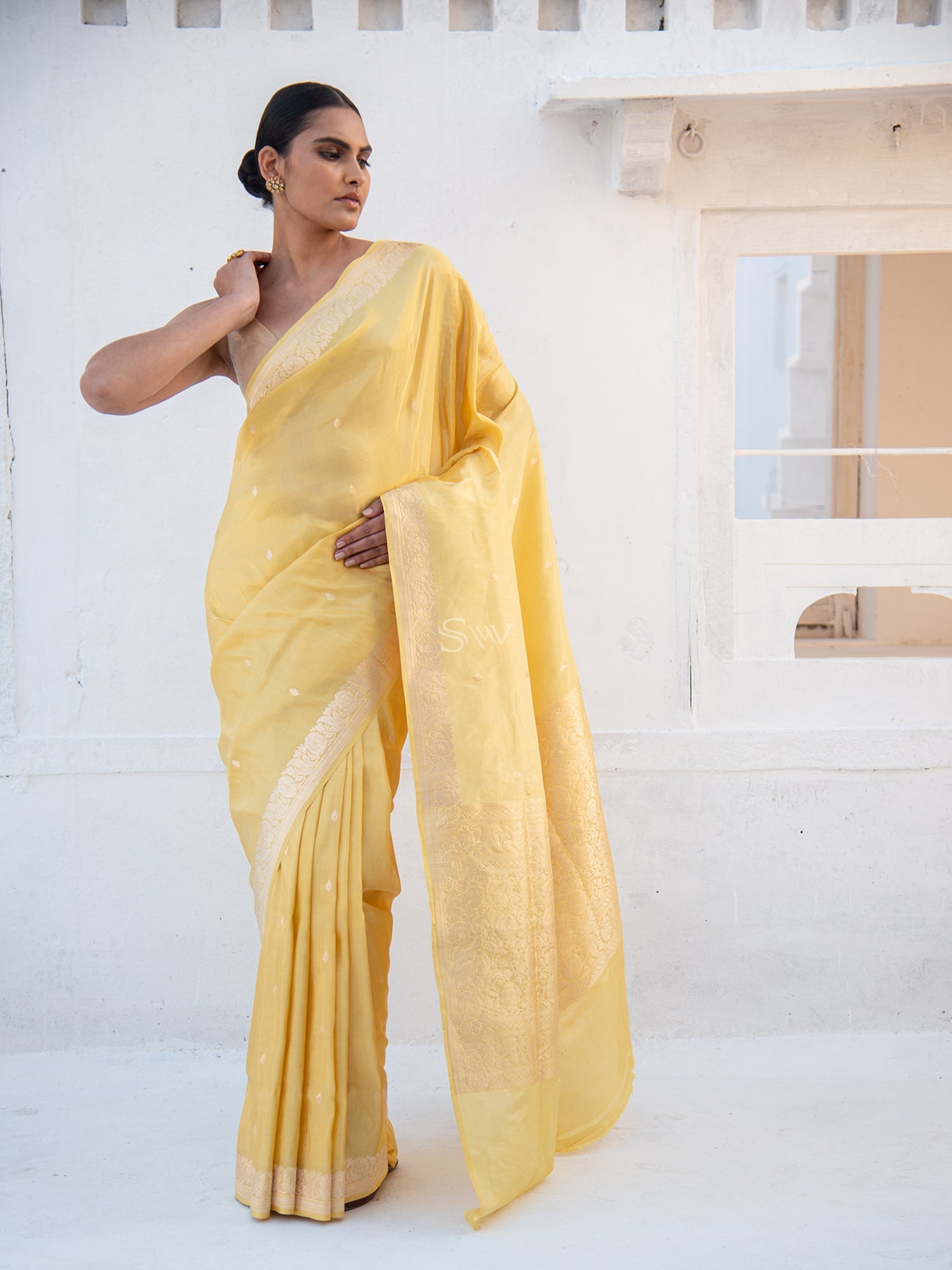 Lime Yellow Booti Tissue Katan Silk Handloom Banarasi Saree - Sacred Weaves