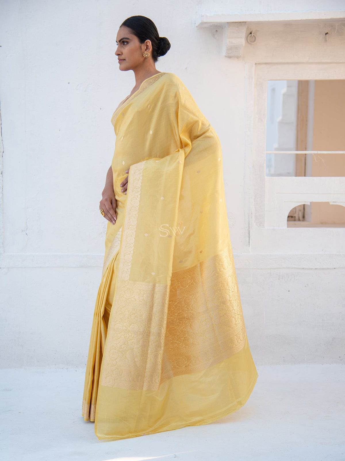 Lime Yellow Booti Tissue Katan Silk Handloom Banarasi Saree - Sacred Weaves