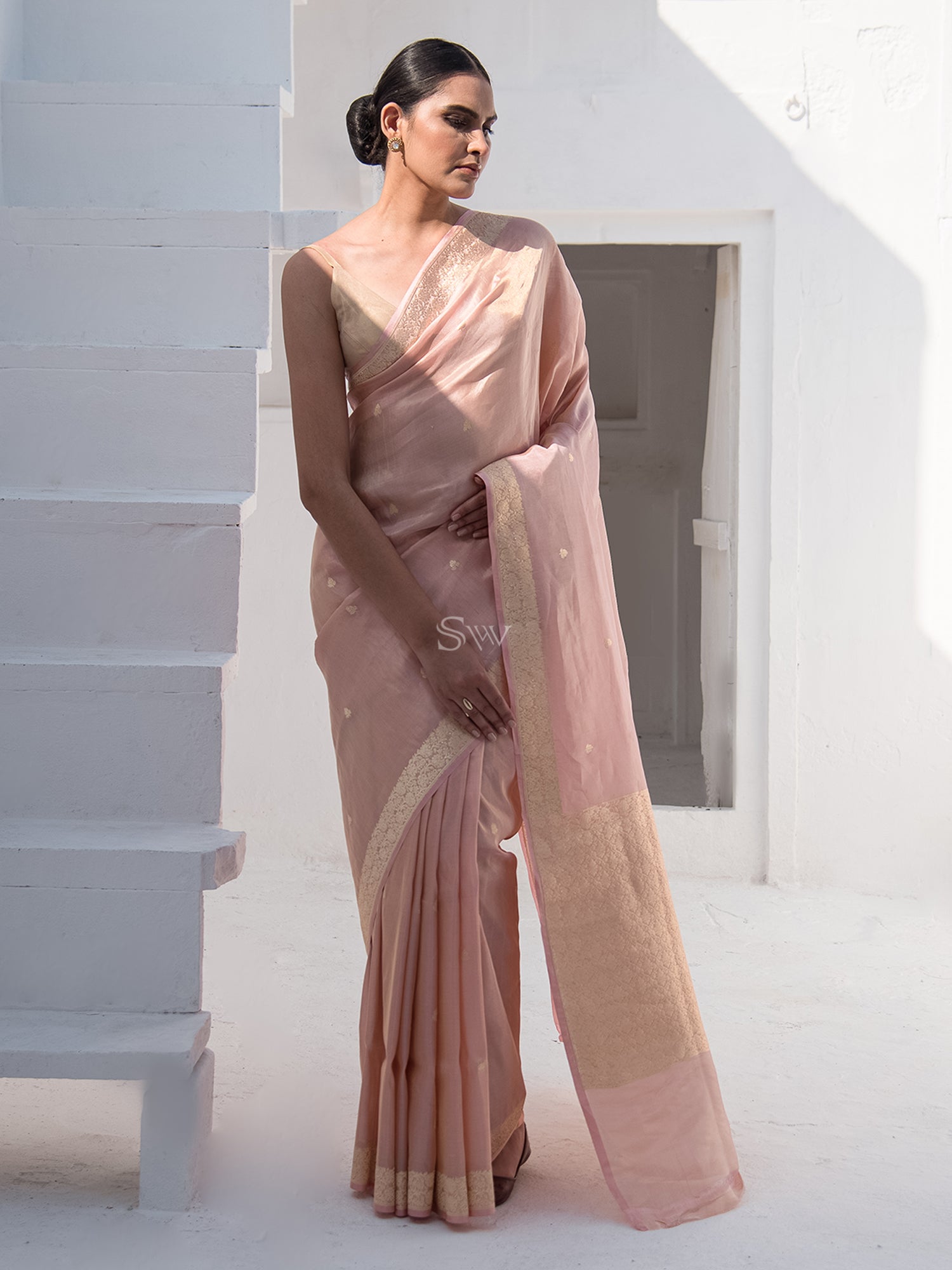 Pastel Pink Booti Tissue Katan Handloom Banarasi Saree - Sacred Weaves