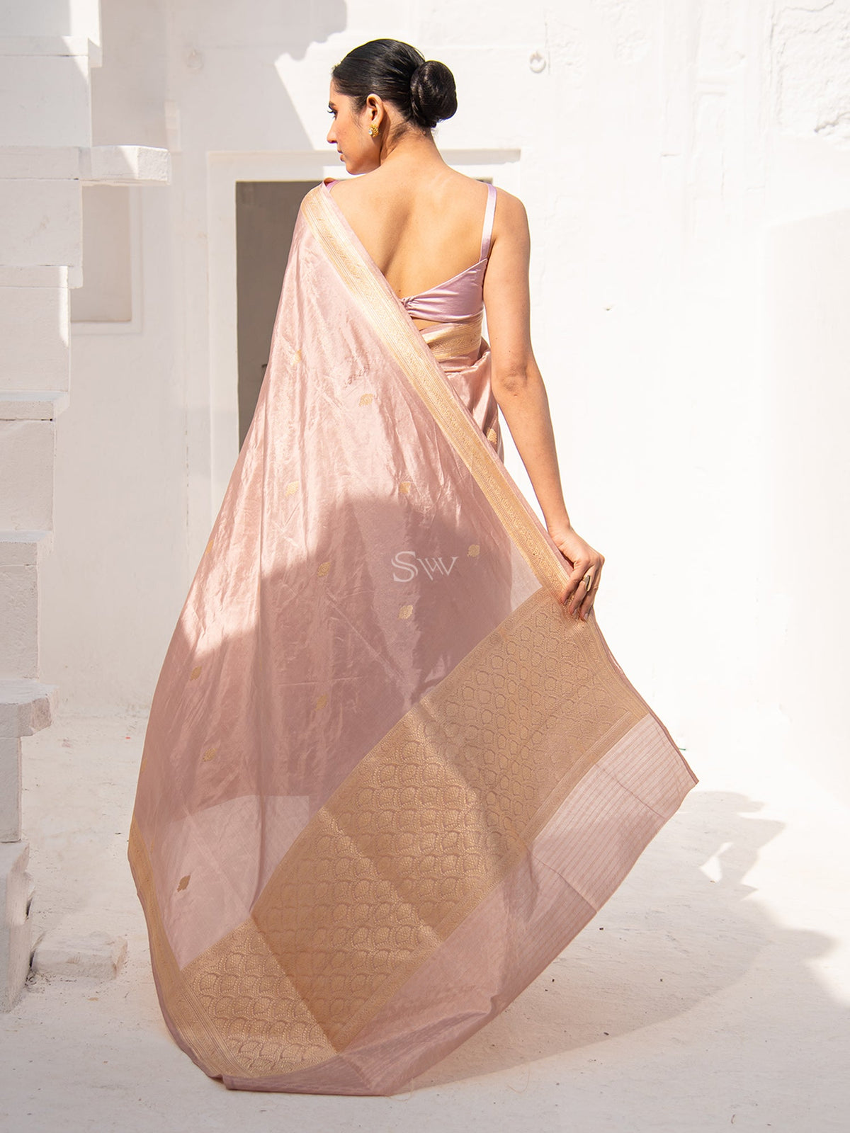 Dusky Pink Booti Katan Tissue Handloom Banarasi Saree - Sacred Weaves