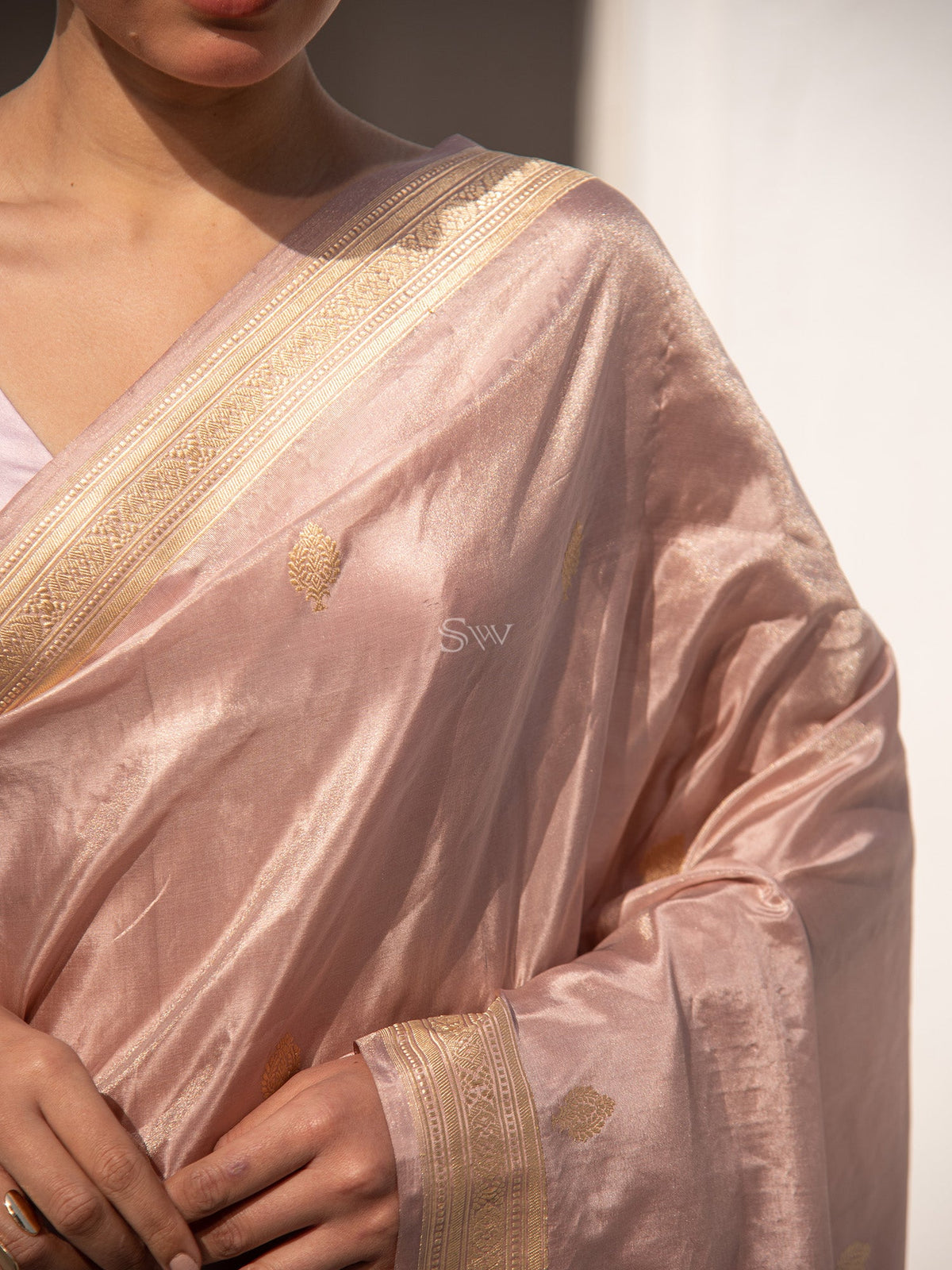 Dusky Pink Booti Katan Tissue Handloom Banarasi Saree - Sacred Weaves