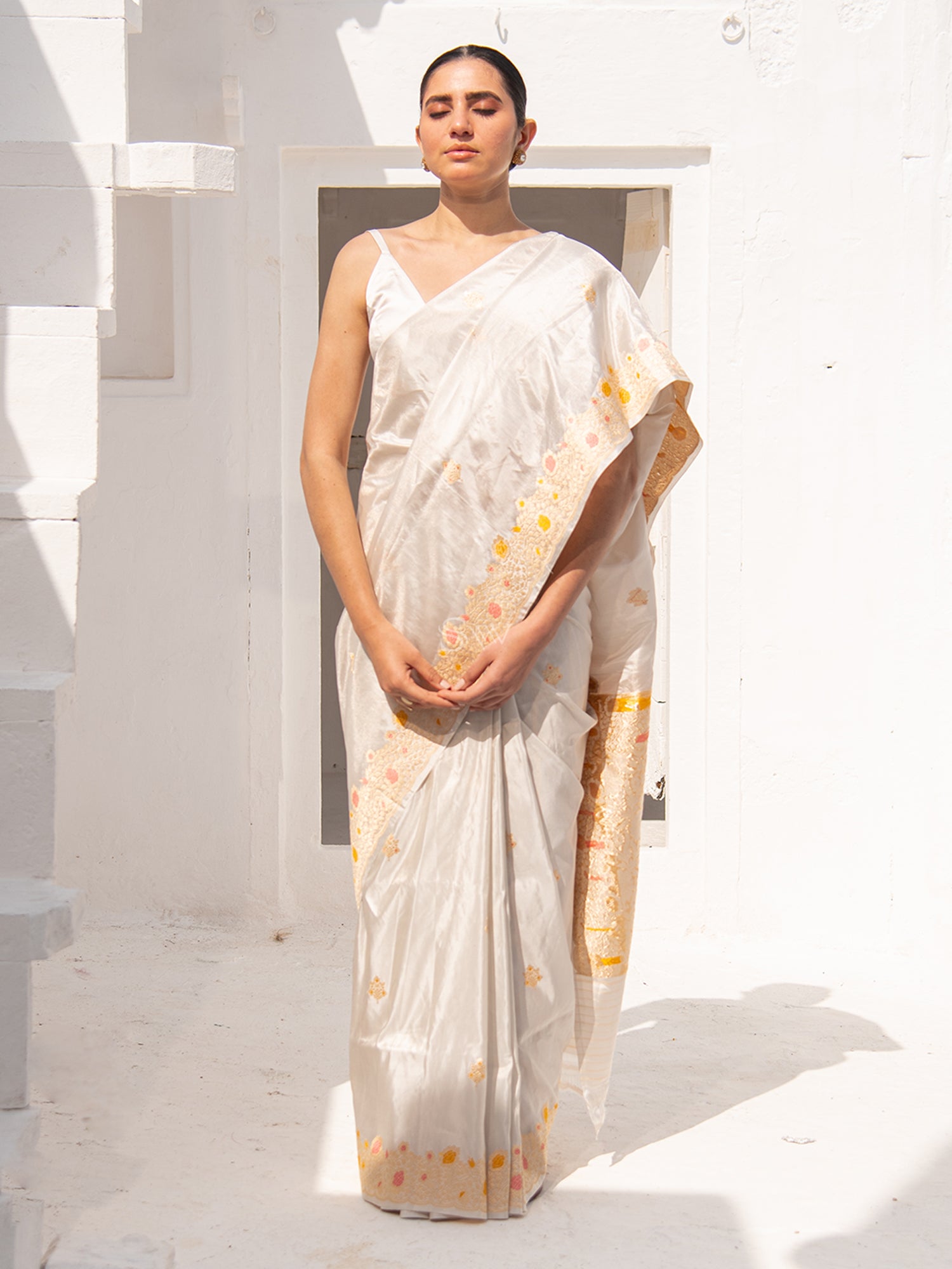 Off-White Meenakari Tissue Katan Silk Handloom Banarasi Saree - Sacred Weaves