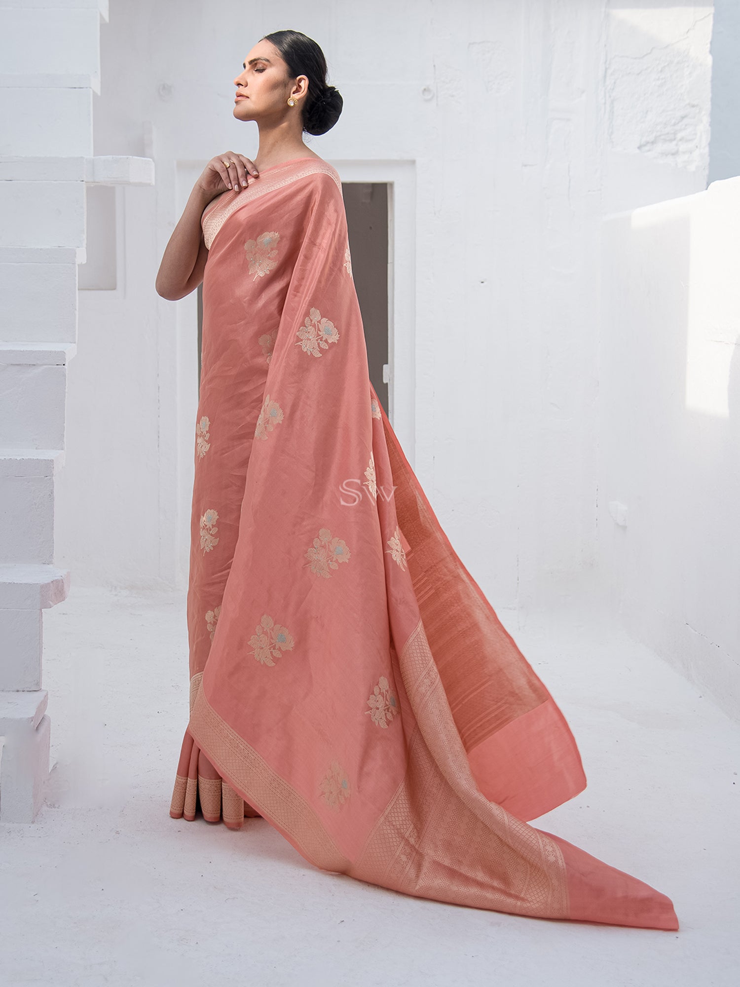 Peach Meenakari Katan Silk Tissue Handloom Banarasi Saree - Sacred Weaves