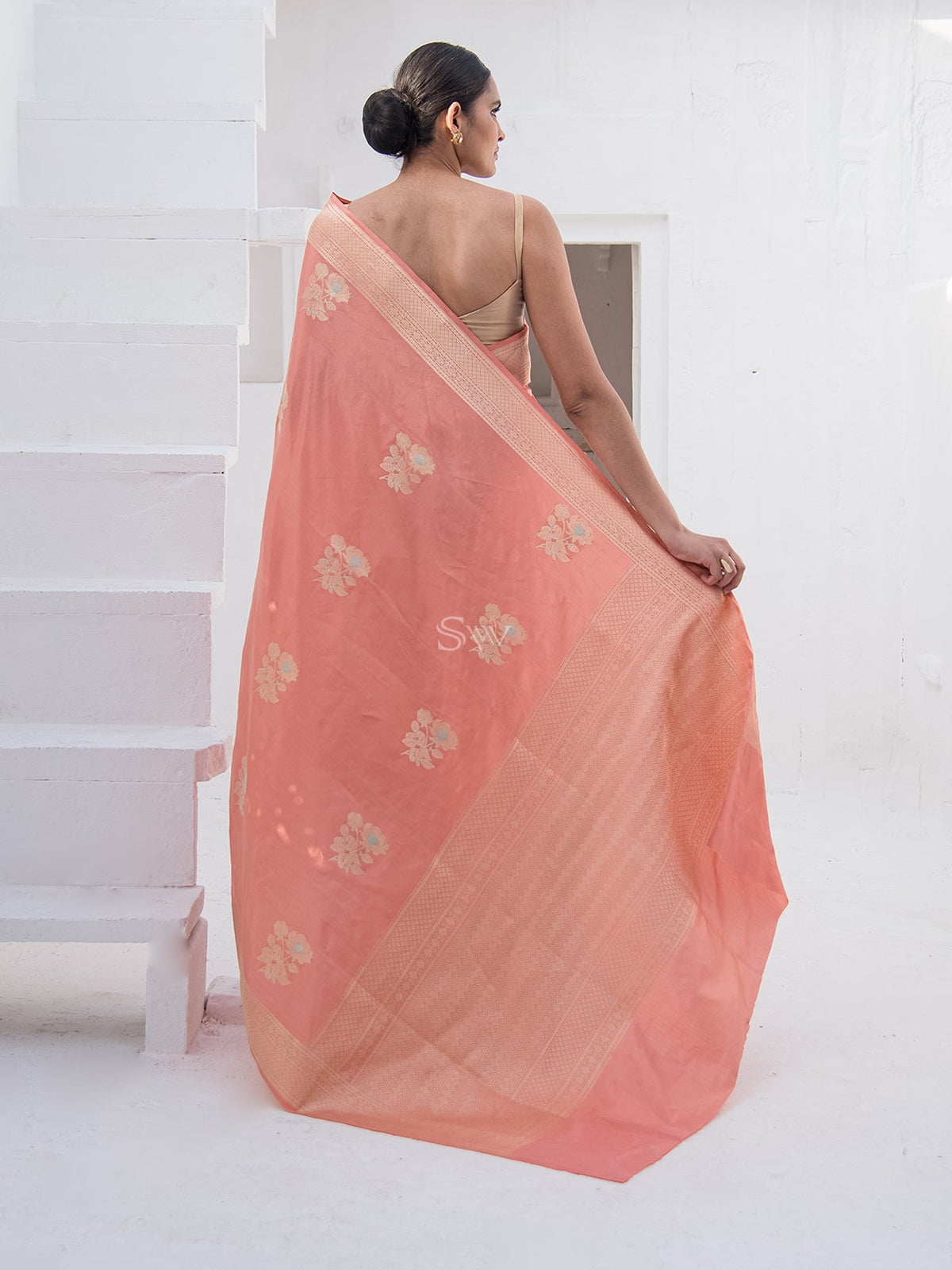 Peach Meenakari Katan Silk Tissue Handloom Banarasi Saree - Sacred Weaves