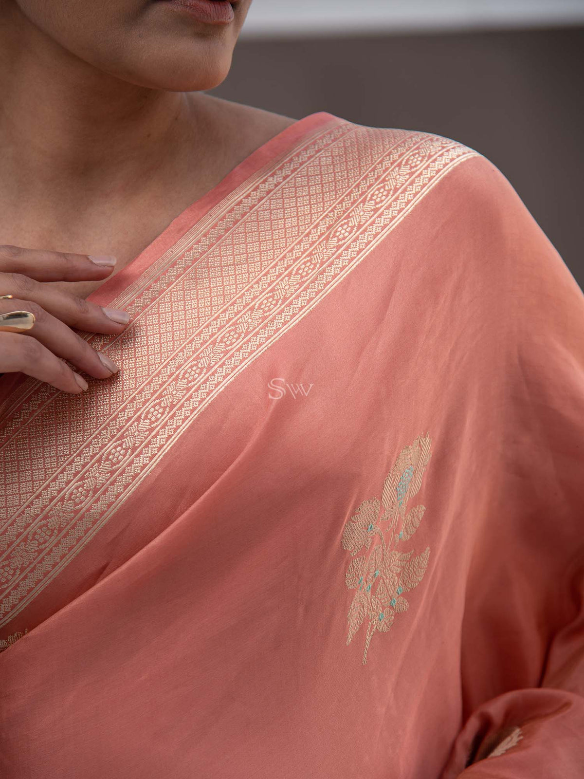 Peach Meenakari Katan Silk Tissue Handloom Banarasi Saree - Sacred Weaves